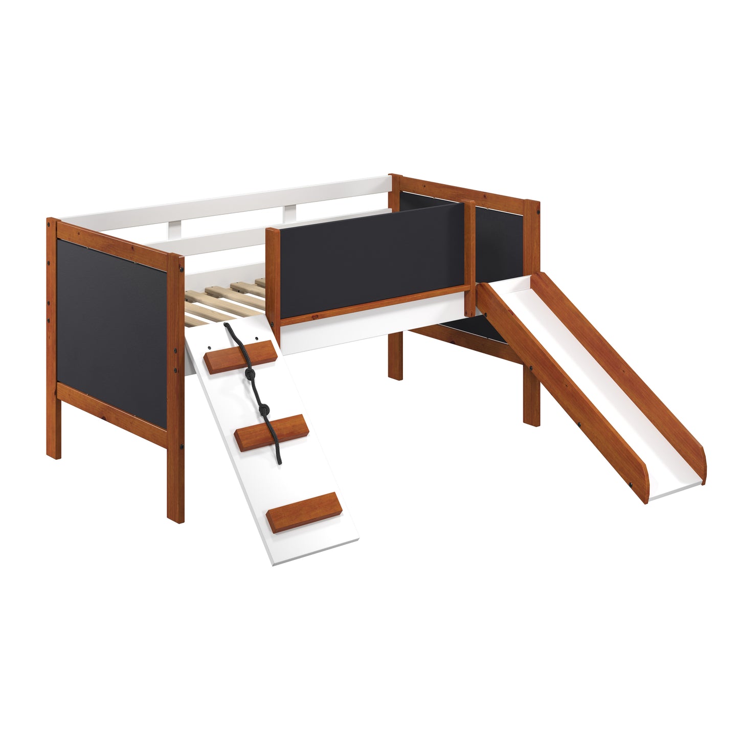 Wooden loft bed with chalkboard sides and two slides for kids play area