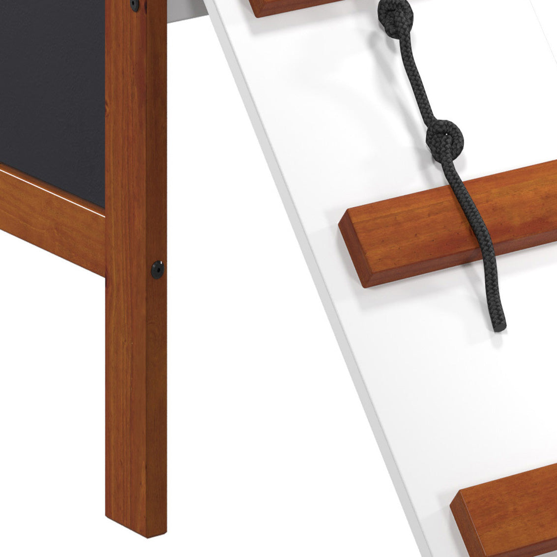 Closeup of a brown wooden frame with a black chalkboard surface on the left