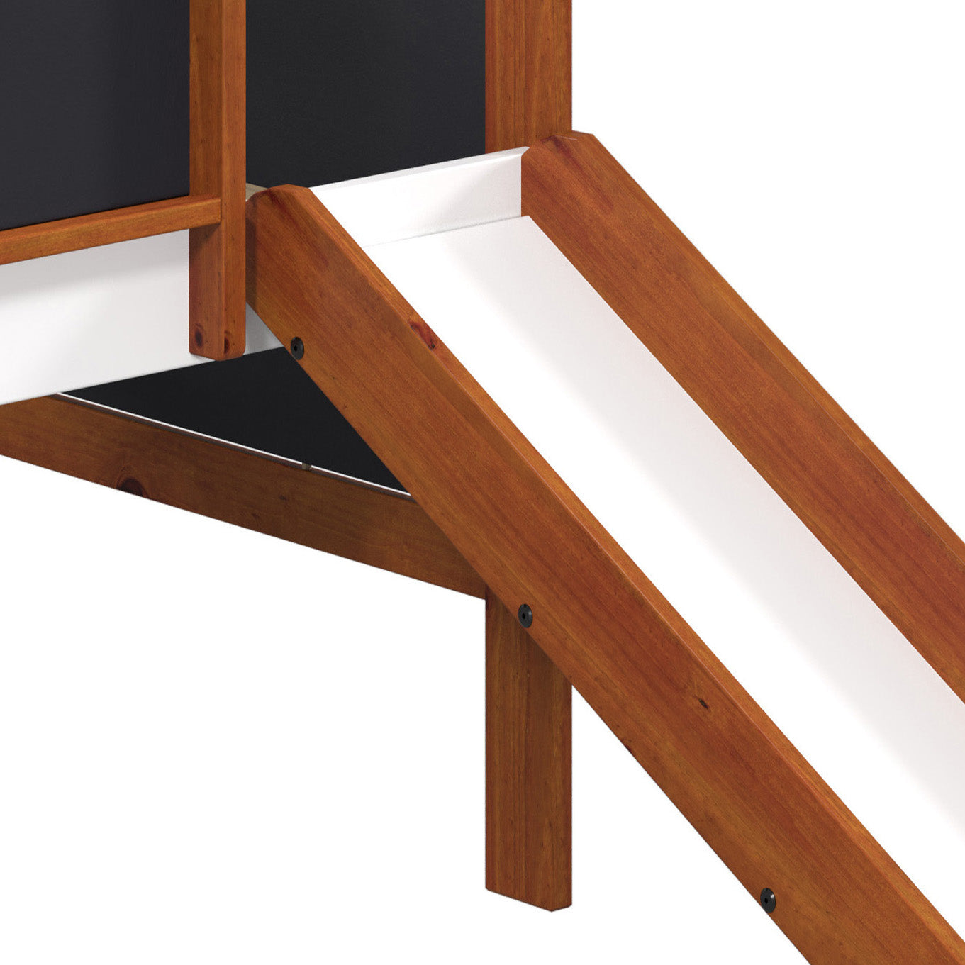 Wooden playground slide with white track and black accents
