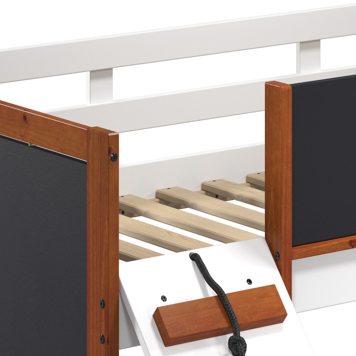 White bunk bed with natural wood accents and blackboard sides featuring a rope ladder