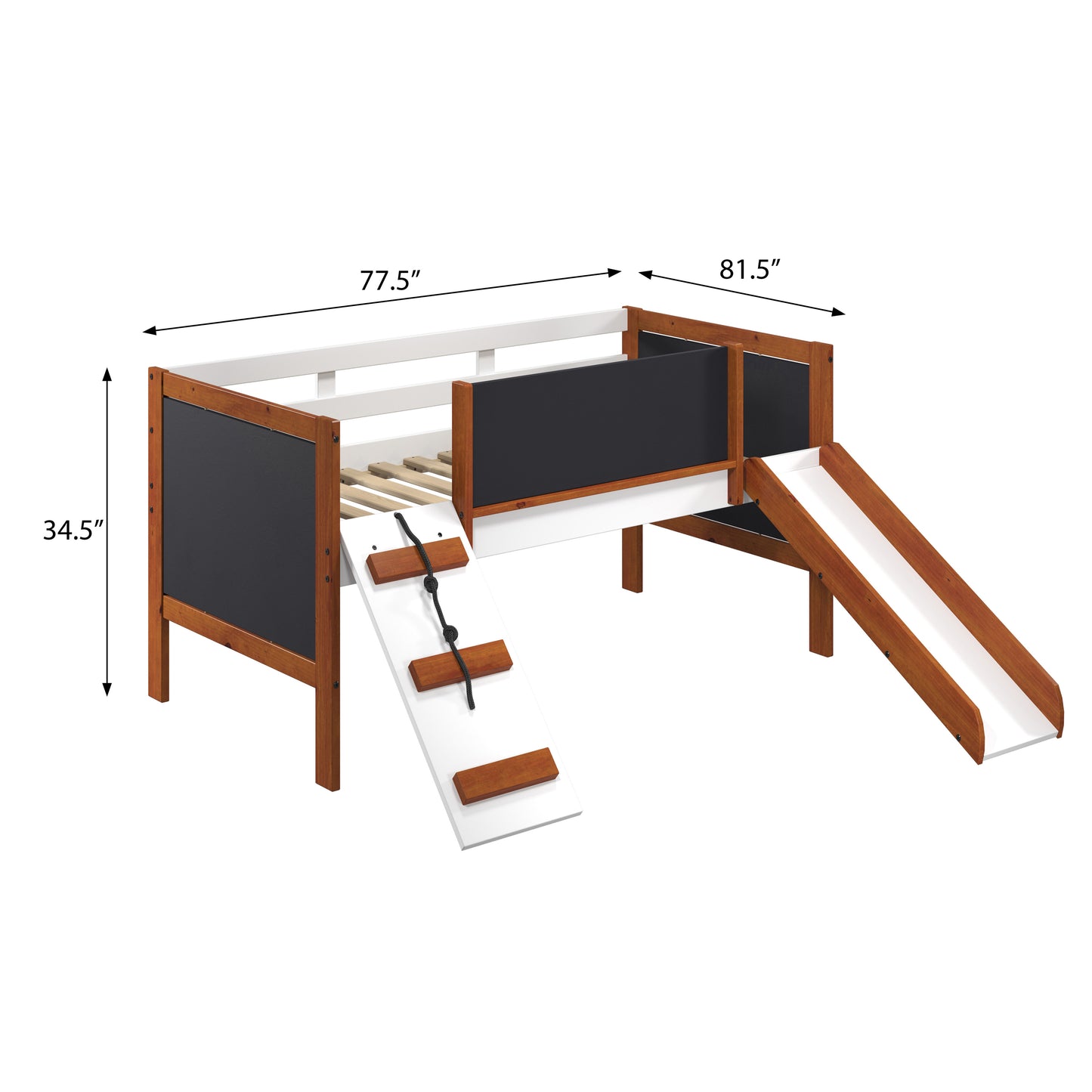 Wooden loft bed with chalkboard sides slide and rope ladder for kids playroom