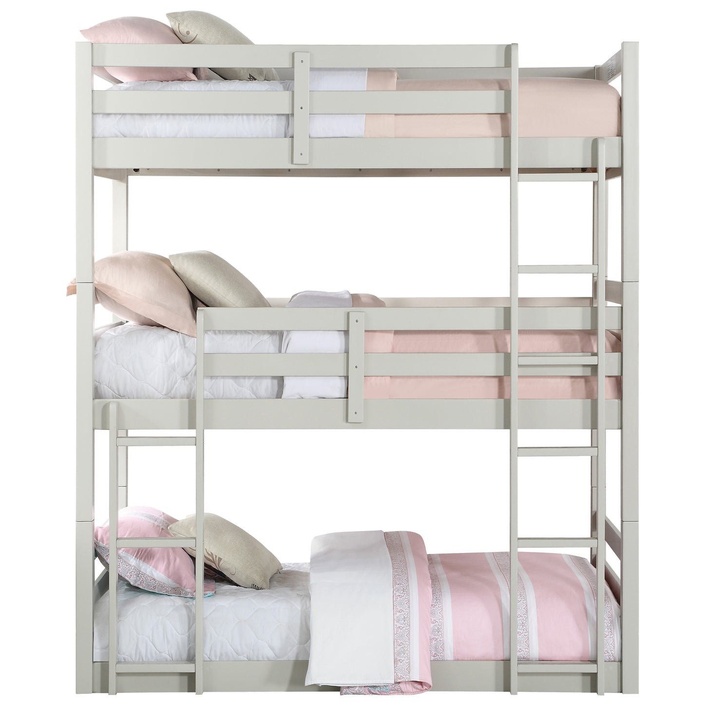 Grey wooden triple bunk bed with pink and white bedding