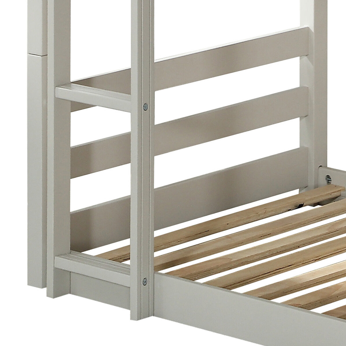 Light grey wooden bunk bed frame showing side rails and slatted base
