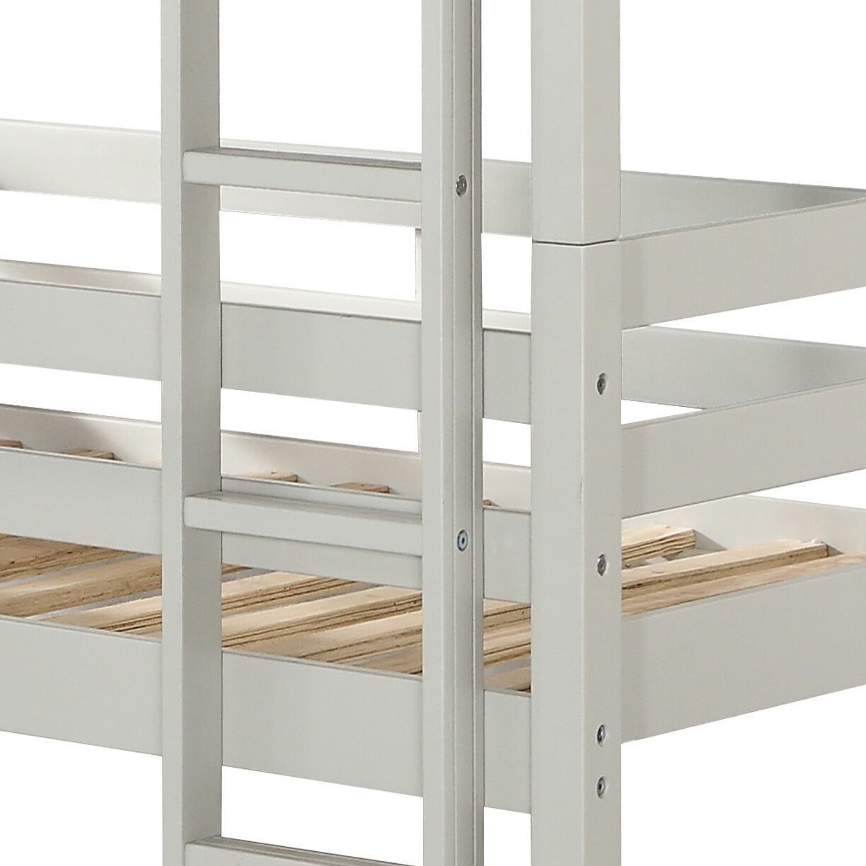 White wooden bunk bed frame with ladder detail clean design for kids room
