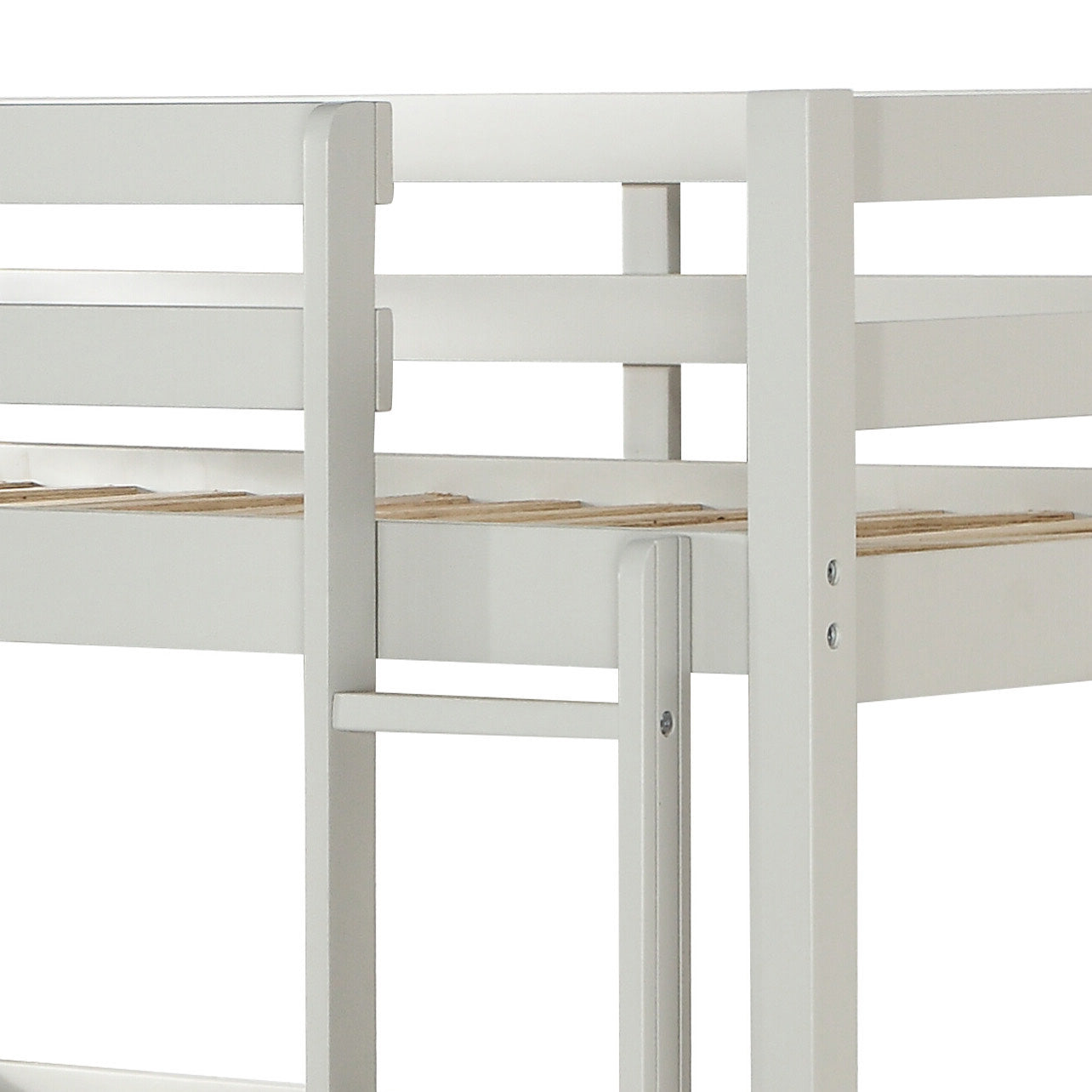 White wooden bunk bed frame with slatted base and integrated ladder