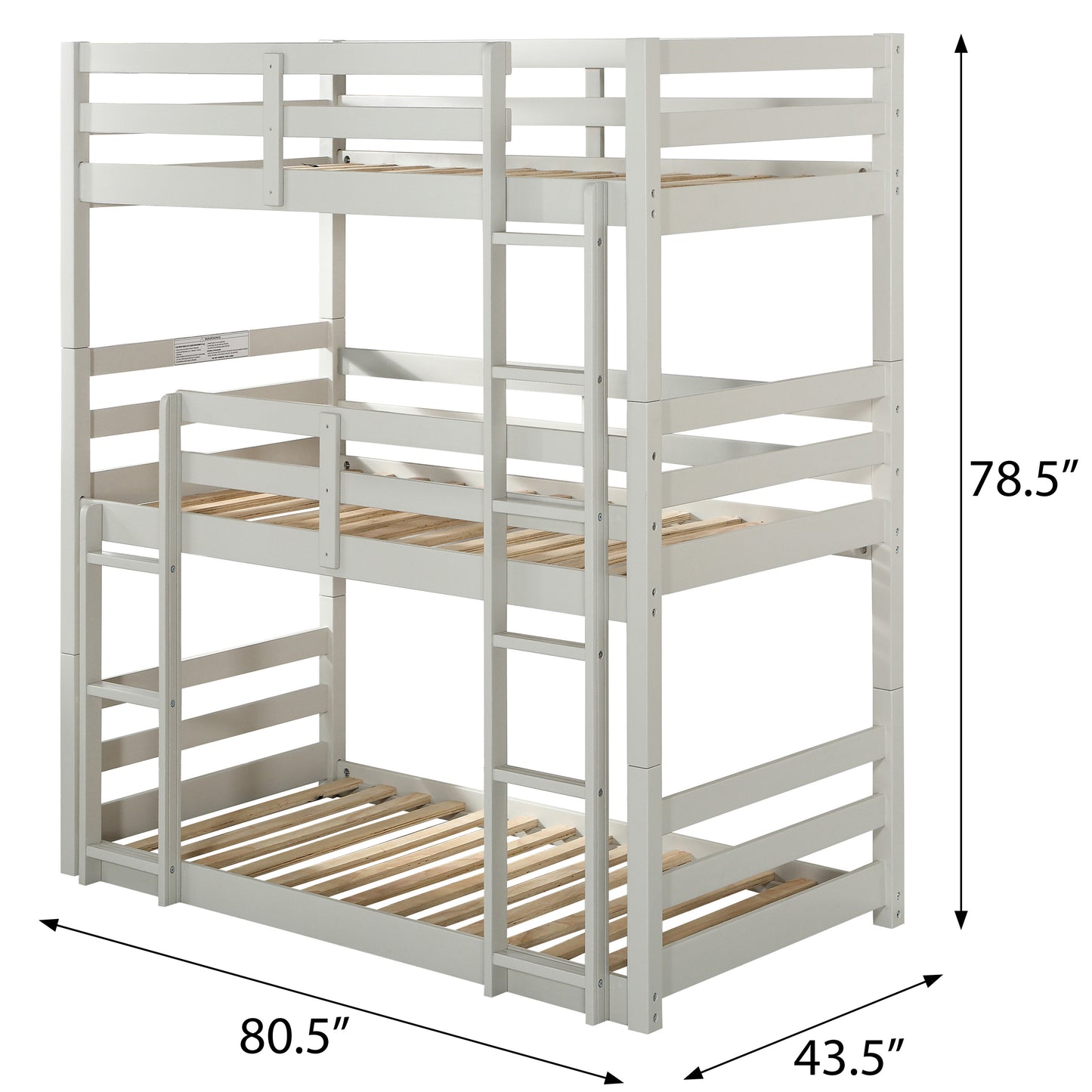 White triple bunk bed with solid wood construction and attached ladder