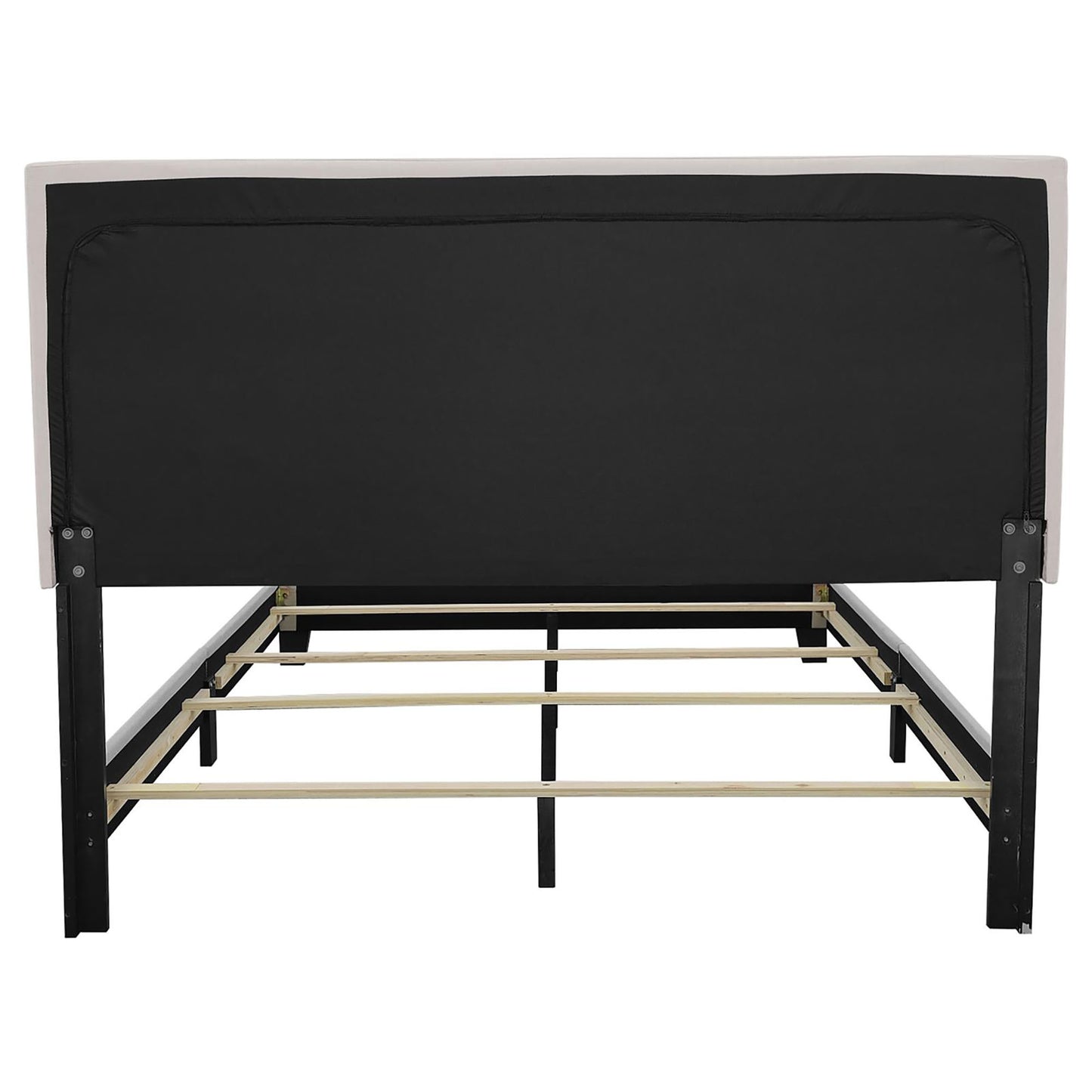 Upholstered bed frame with beige headboard and black fabric backing