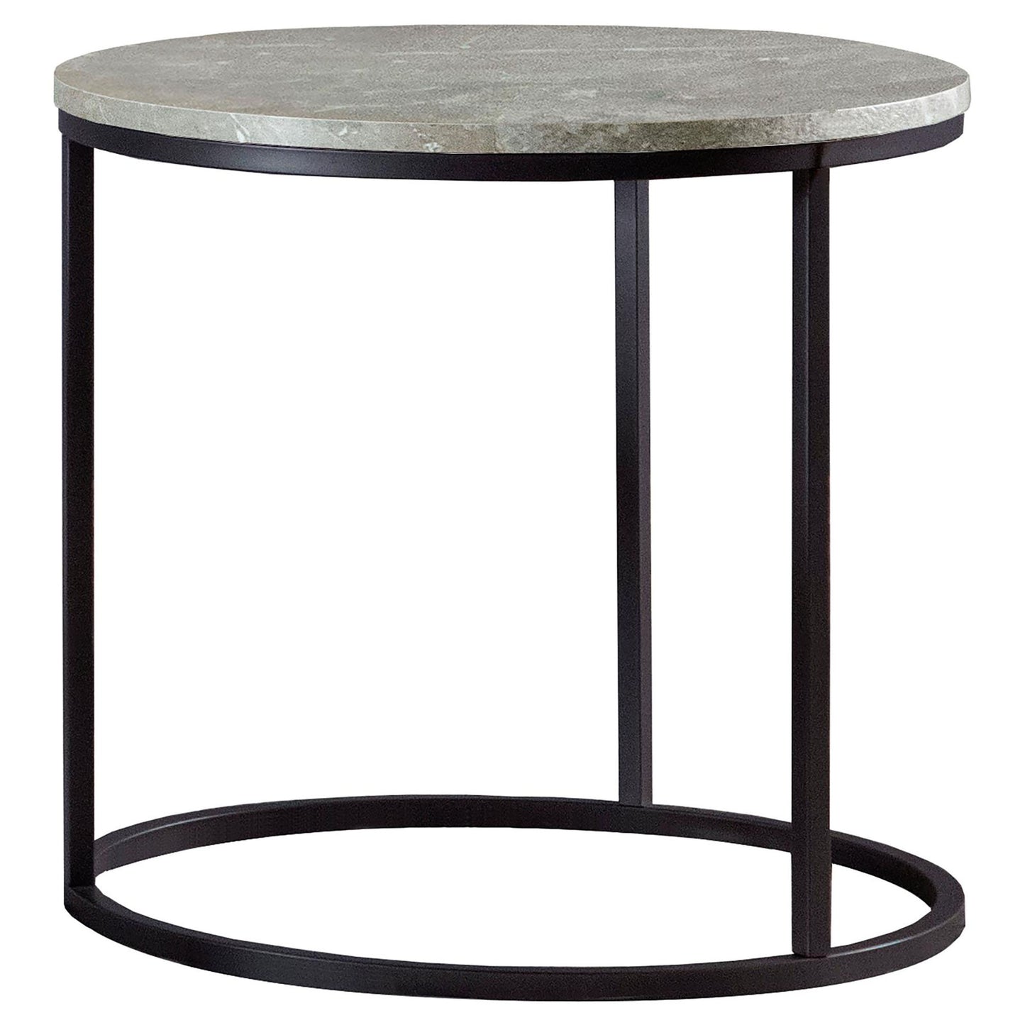 Round end table with grey marbled stone top and black metal frame