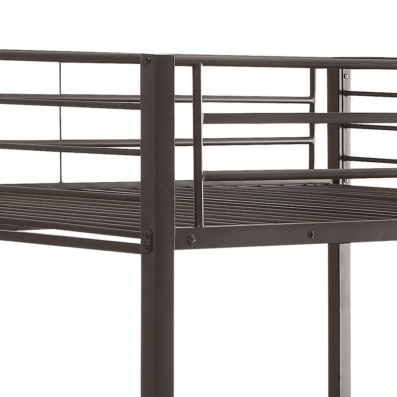 Closeup of a dark brown metal loft bed frame showing a sturdy horizontal slat design