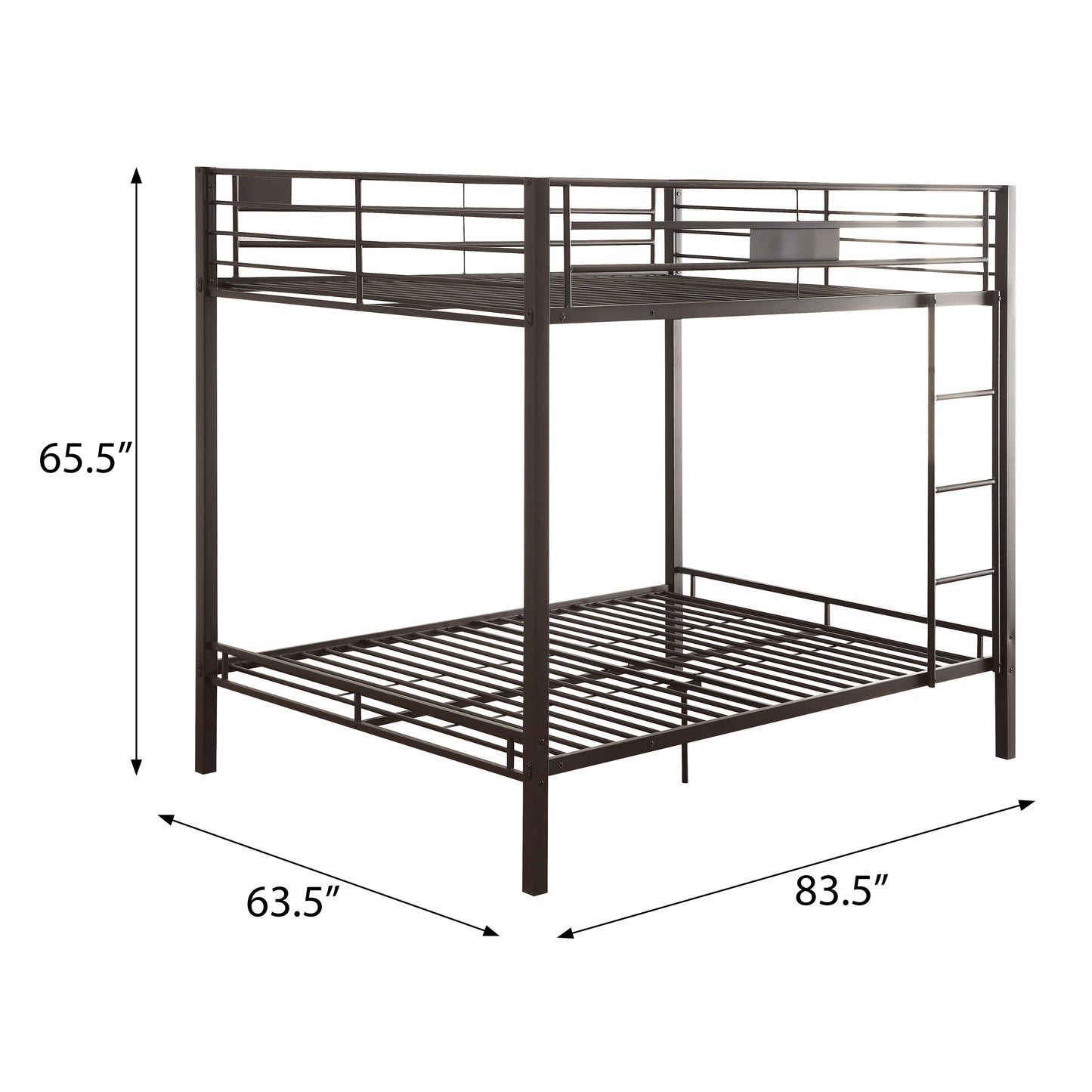Bronze metal twin over twin bunk bed with integrated ladder and guardrails for childrens rooms