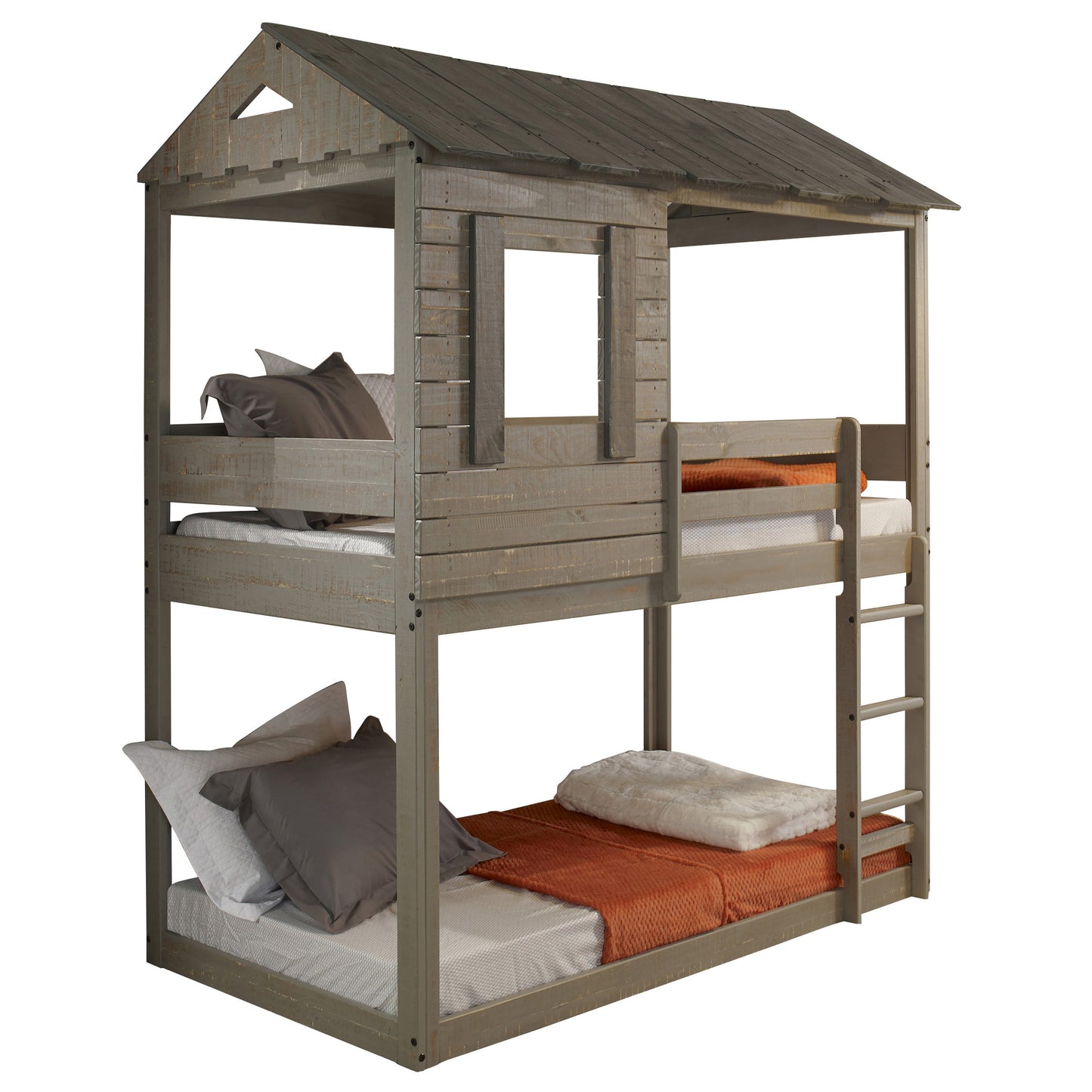 Rustic grey wooden bunk bed with a houseshaped frame and ladder