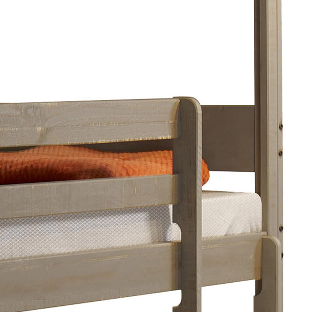 Rustic grey wooden bunk bed with orange blanket and white mattress detail