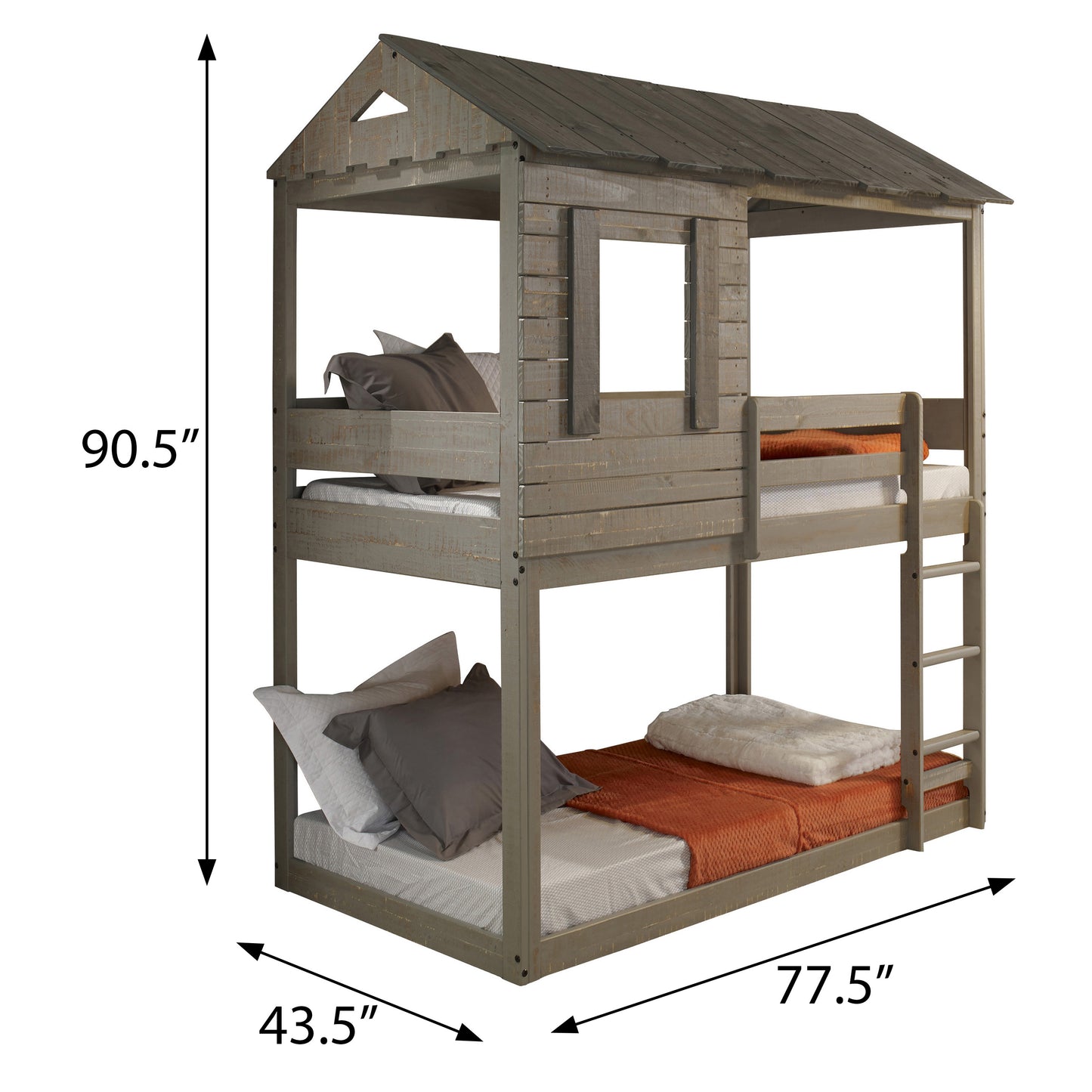 Rustic grey wooden bunk bed with a houseshaped roof and ladder for kids rooms