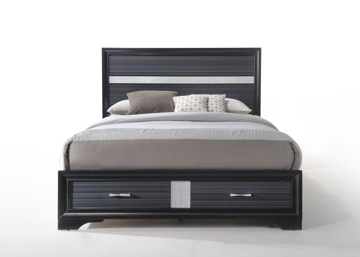 Modern black bed frame with striped headboard and two storage drawers