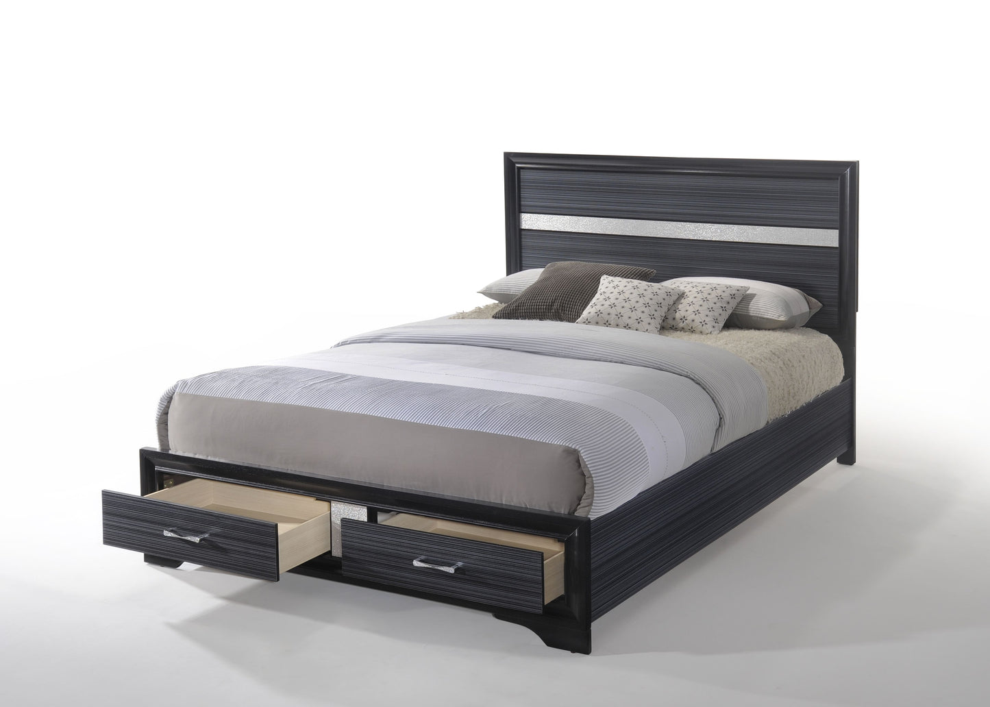 Dark gray queen bed frame with horizontal wood grain detail and two open storage drawers