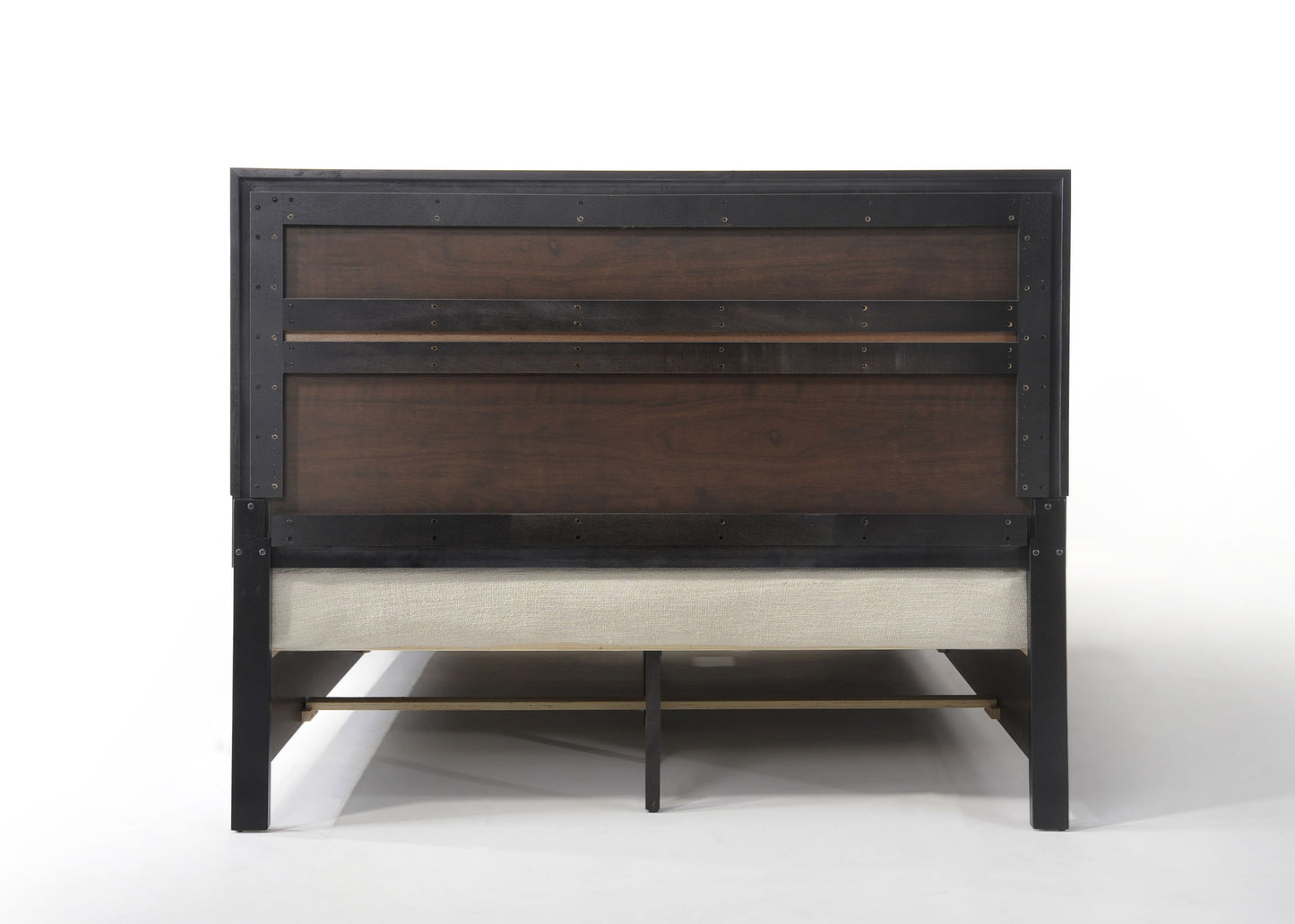 Dark wood headboard with industrial metal frame tufted beige fabric base modern platform bed frame