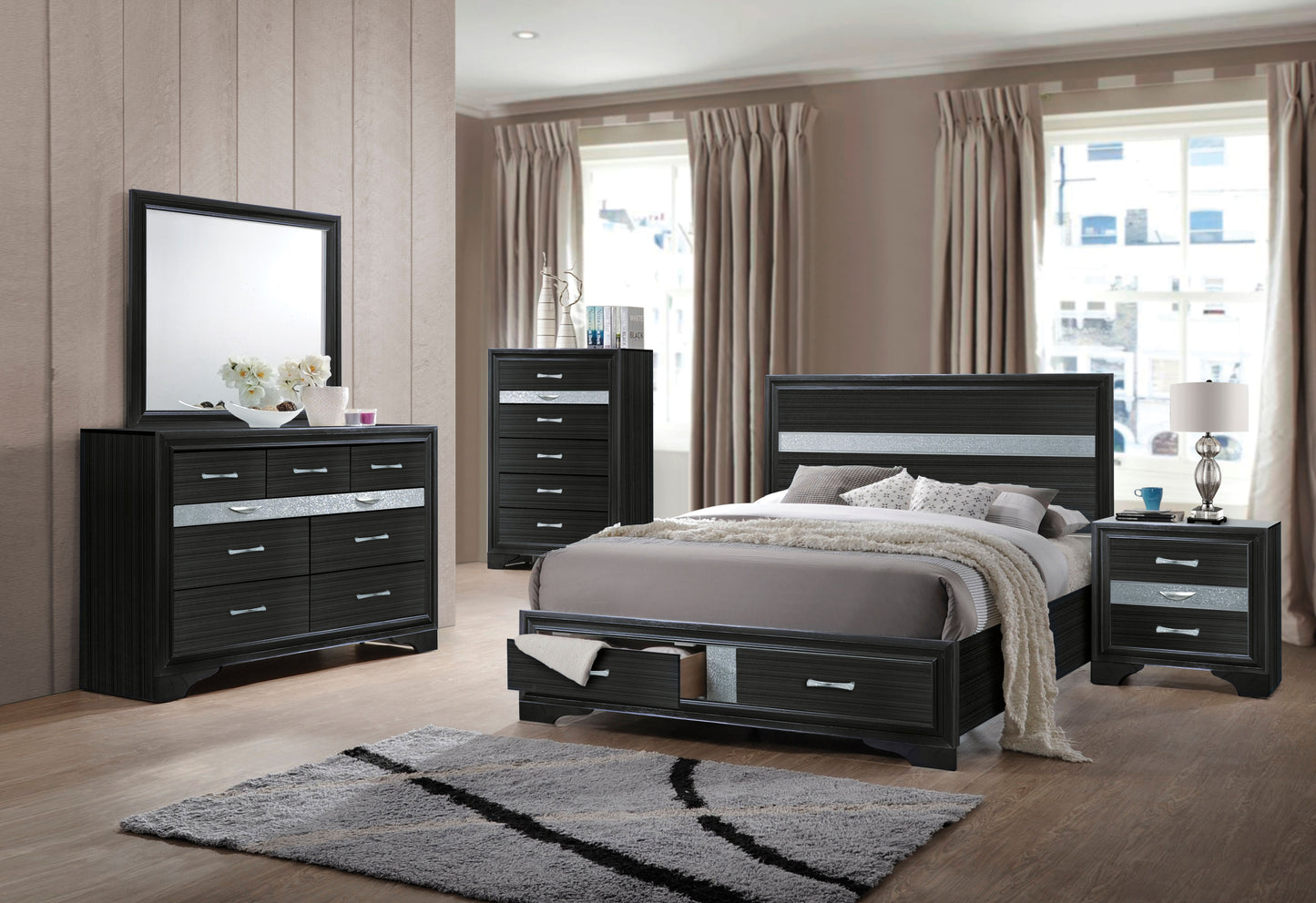 Dark grey contemporary bedroom set with silver accents and drawer storage