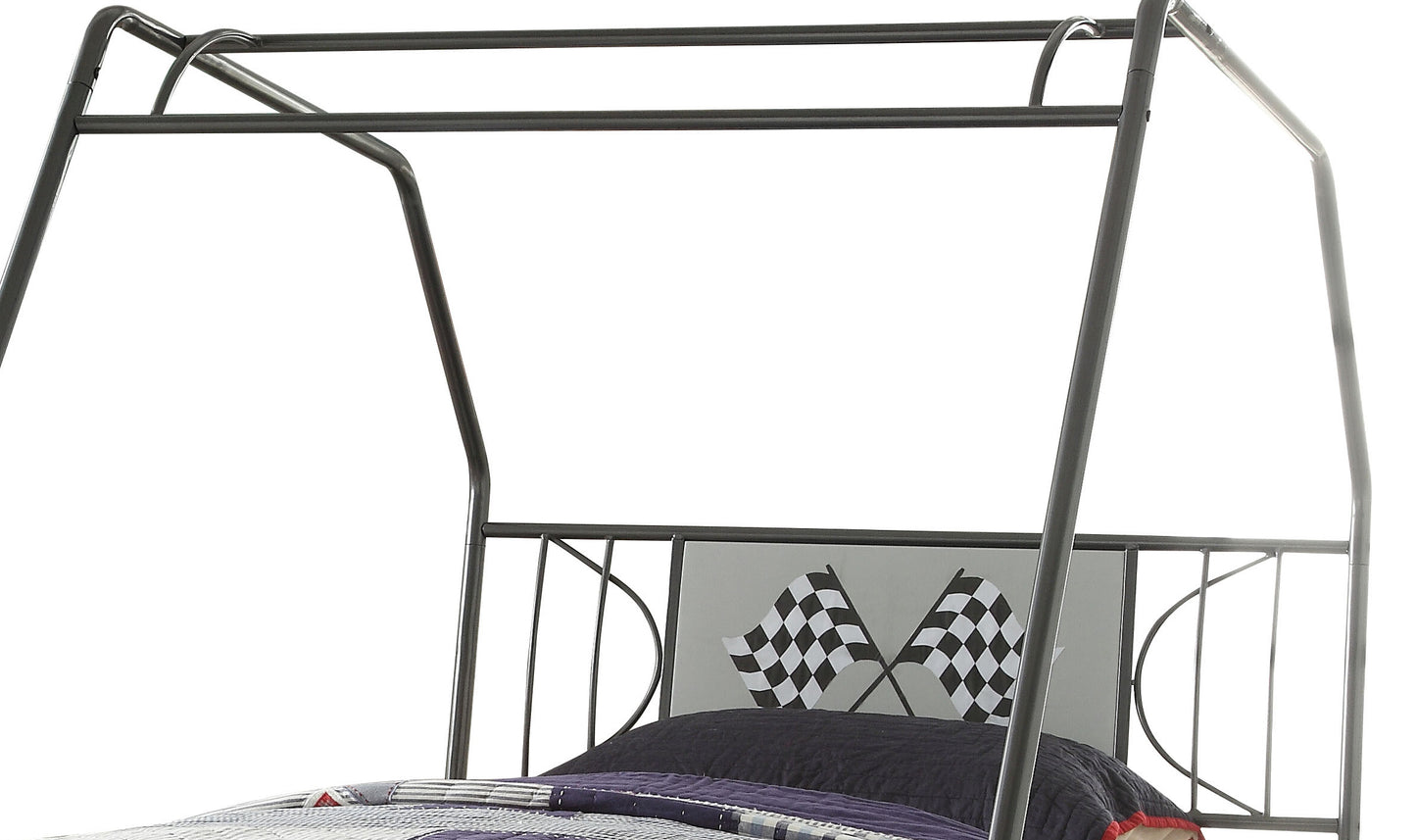 Gray metal bunk bed frame with racing flag headboard for kids rooms