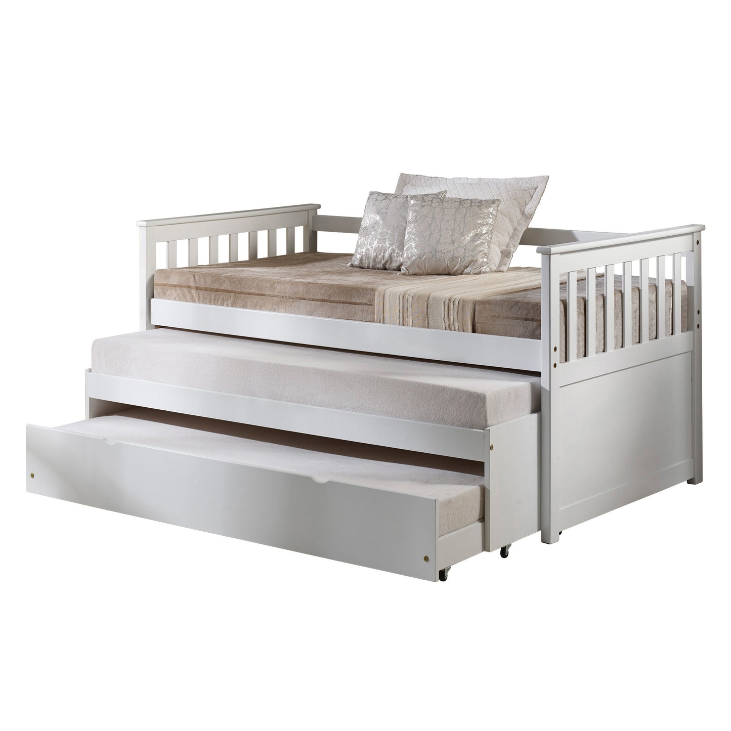 White wooden daybed with trundle featuring slatted sides and plush cushions