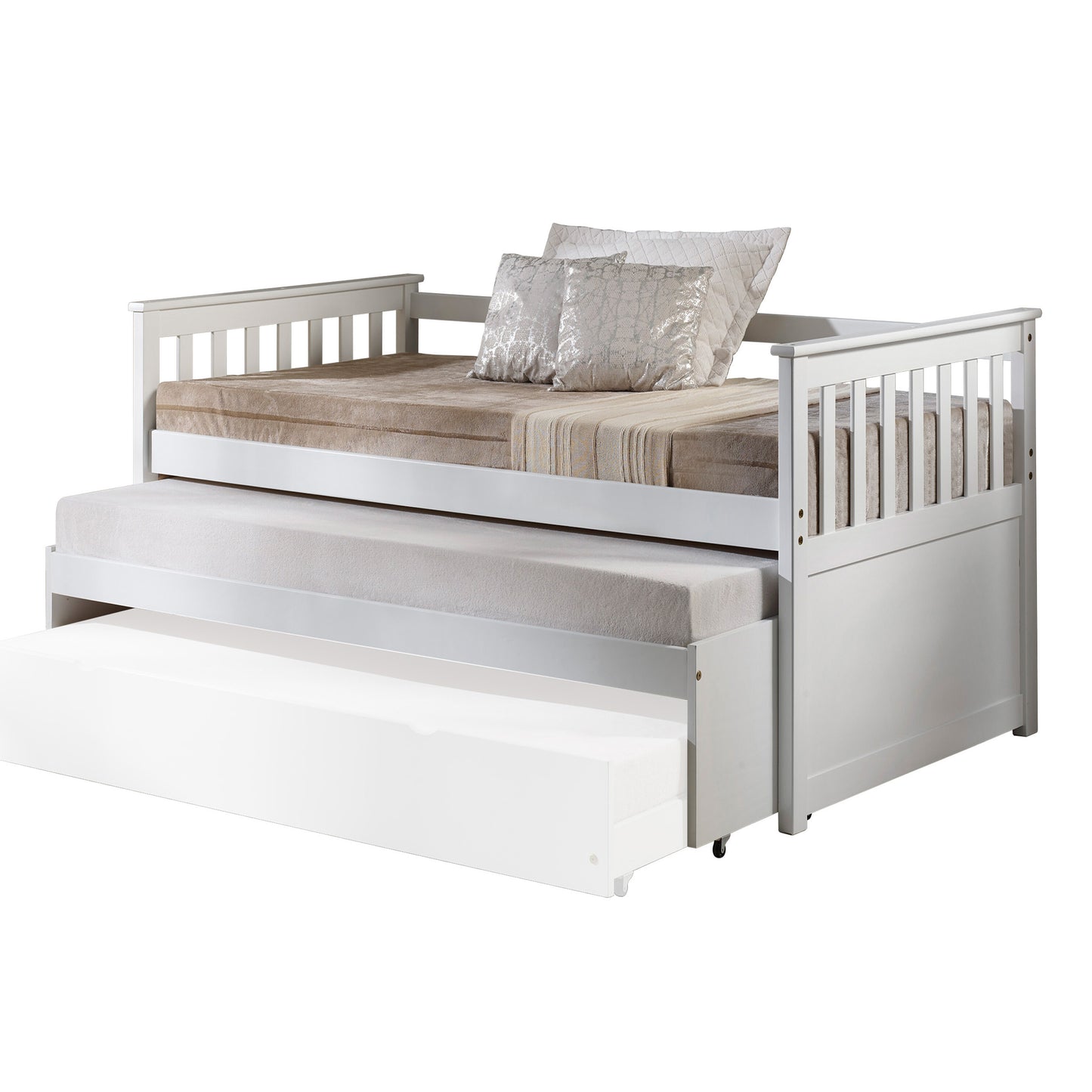 White wooden daybed with pullout trundle and neutral bedding featuring a modern design