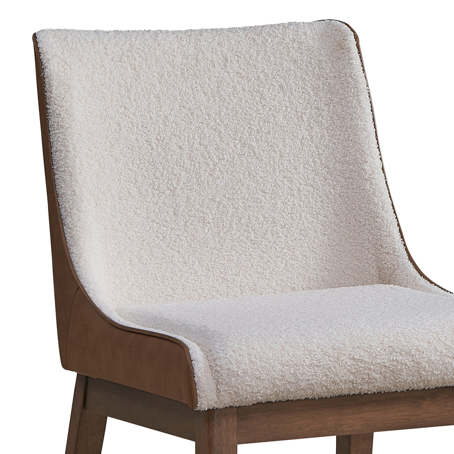 Cream sherpa upholstered dining chair with brown leather trim and wooden legs