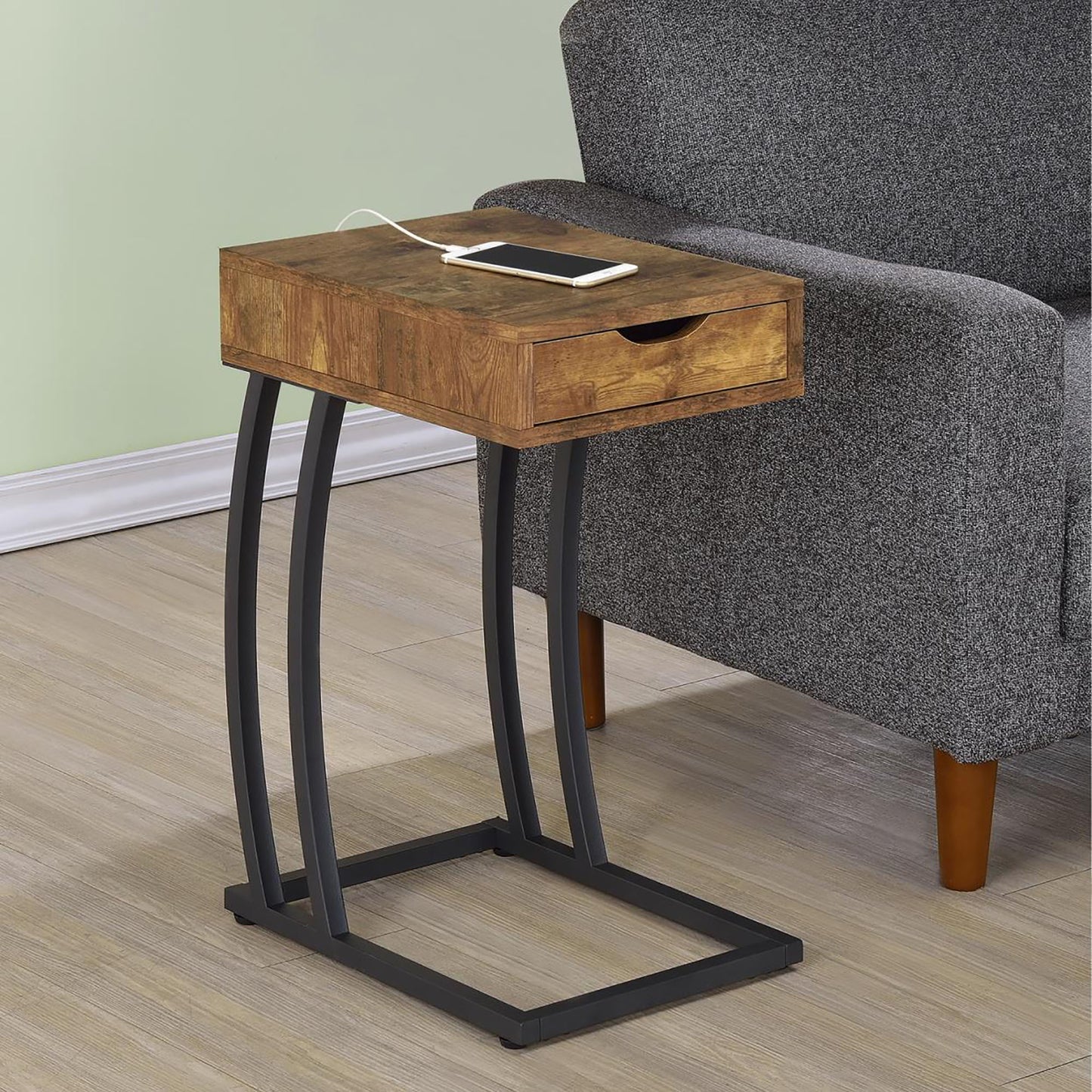 Rustic brown wood Ctable with black metal frame and phone charging