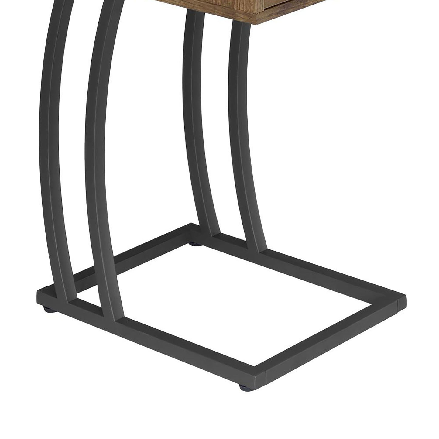Closeup of dark metal curved legs supporting a rustic wood tabletop featuring a cshaped design for a modern console table
