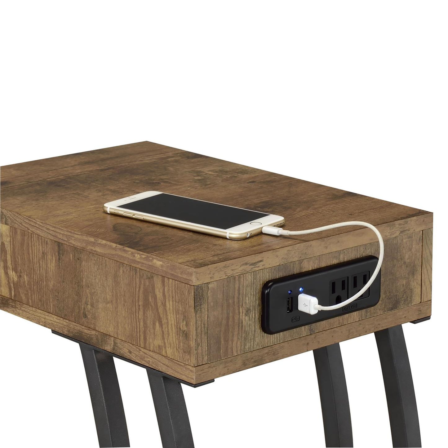 Rustic brown end table with integrated power outlet and USB ports a smartphone charging