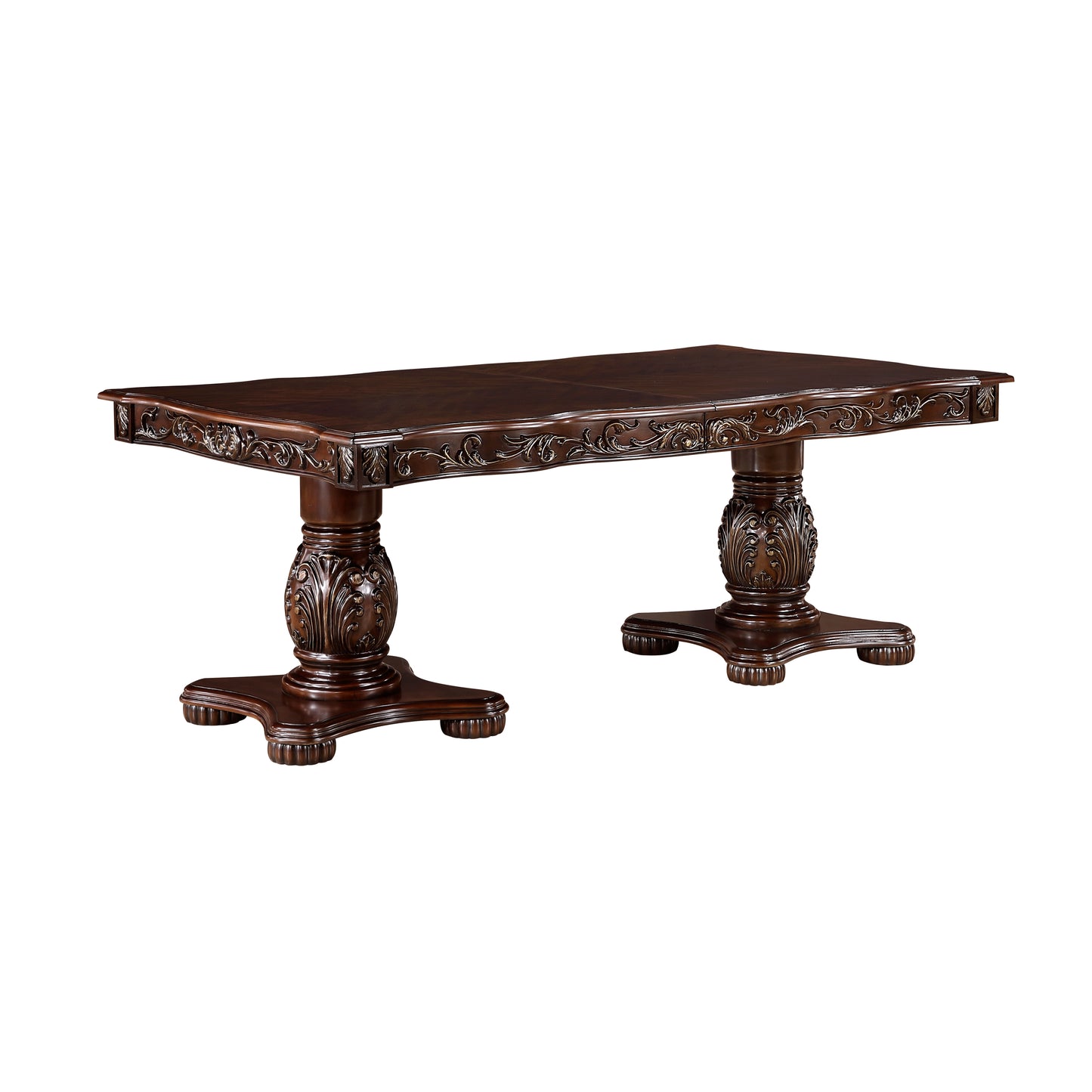 Ornate dark wood dining table with dual pedestal bases classic carved detailing