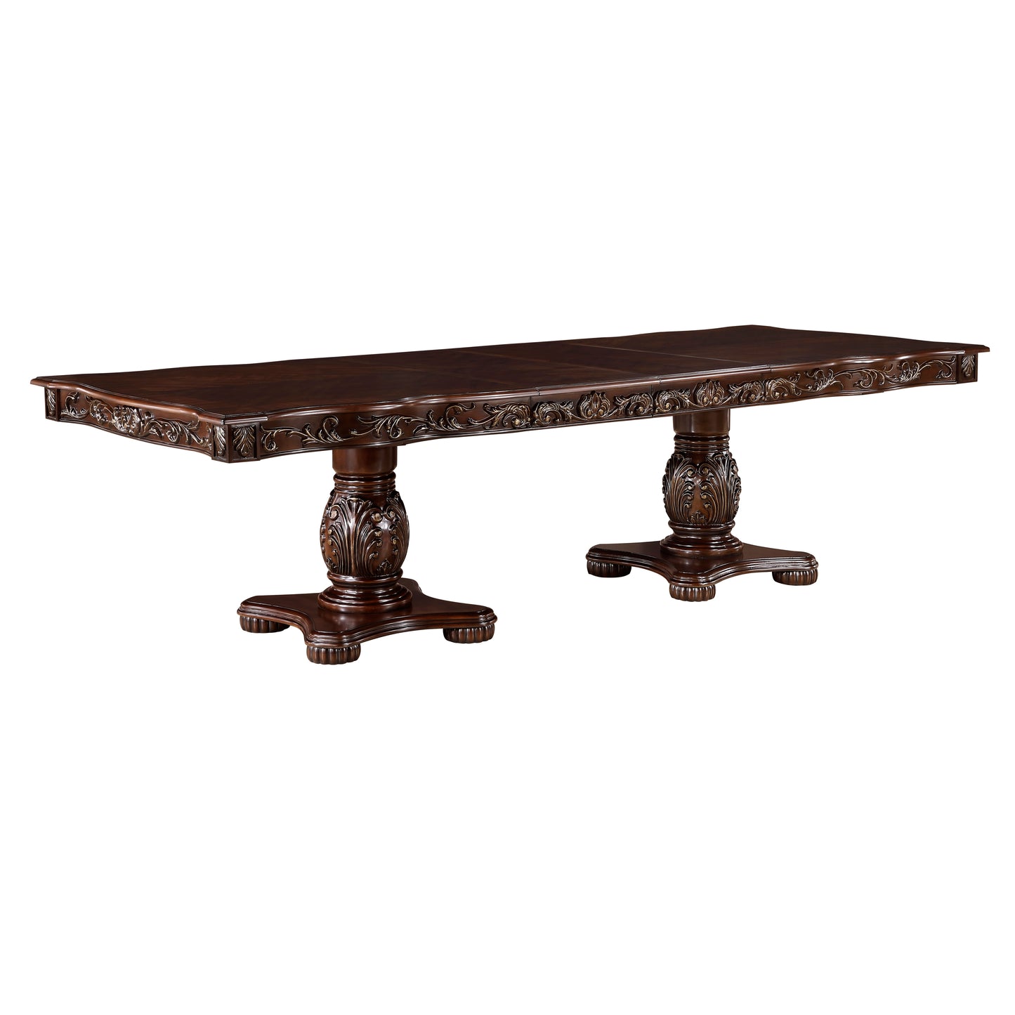Ornate dark wood dining table with carved pedestals perfect for elegant home interiors
