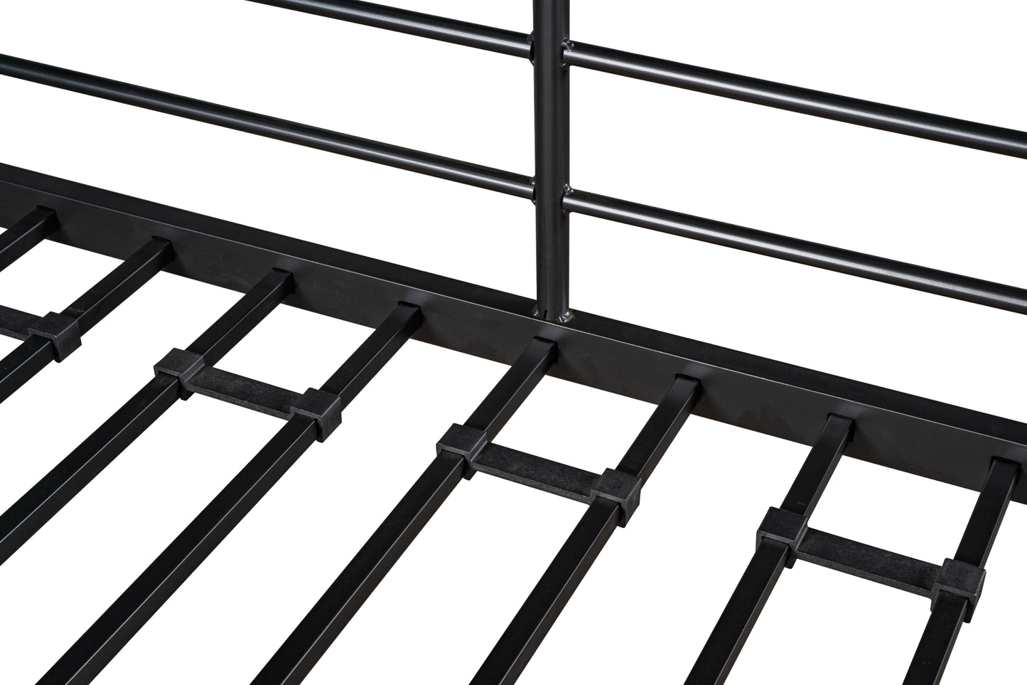 Black metal bed frame slats with horizontal support bars