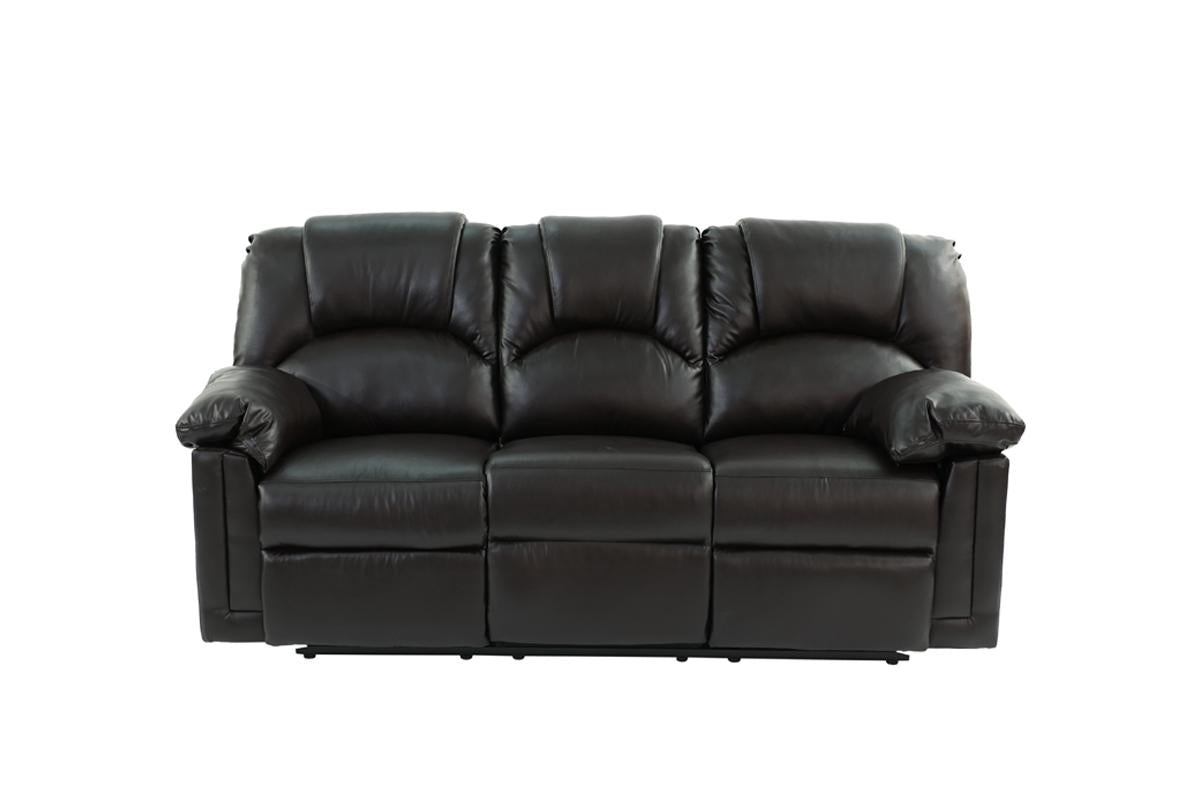 Dark brown leather seater recliner sofa with plush cushions and rolled arms