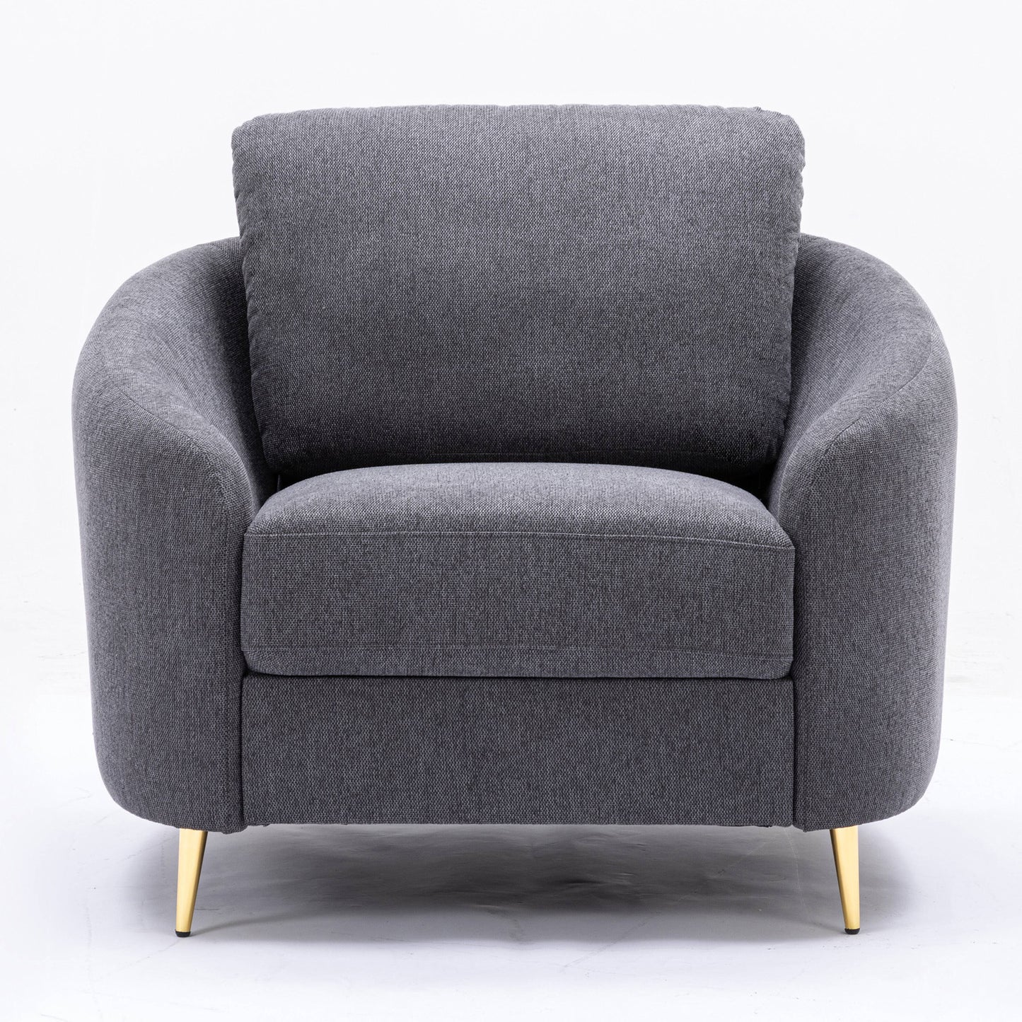 Dark grey fabric accent chair with plush seat and back cushions and gold legs