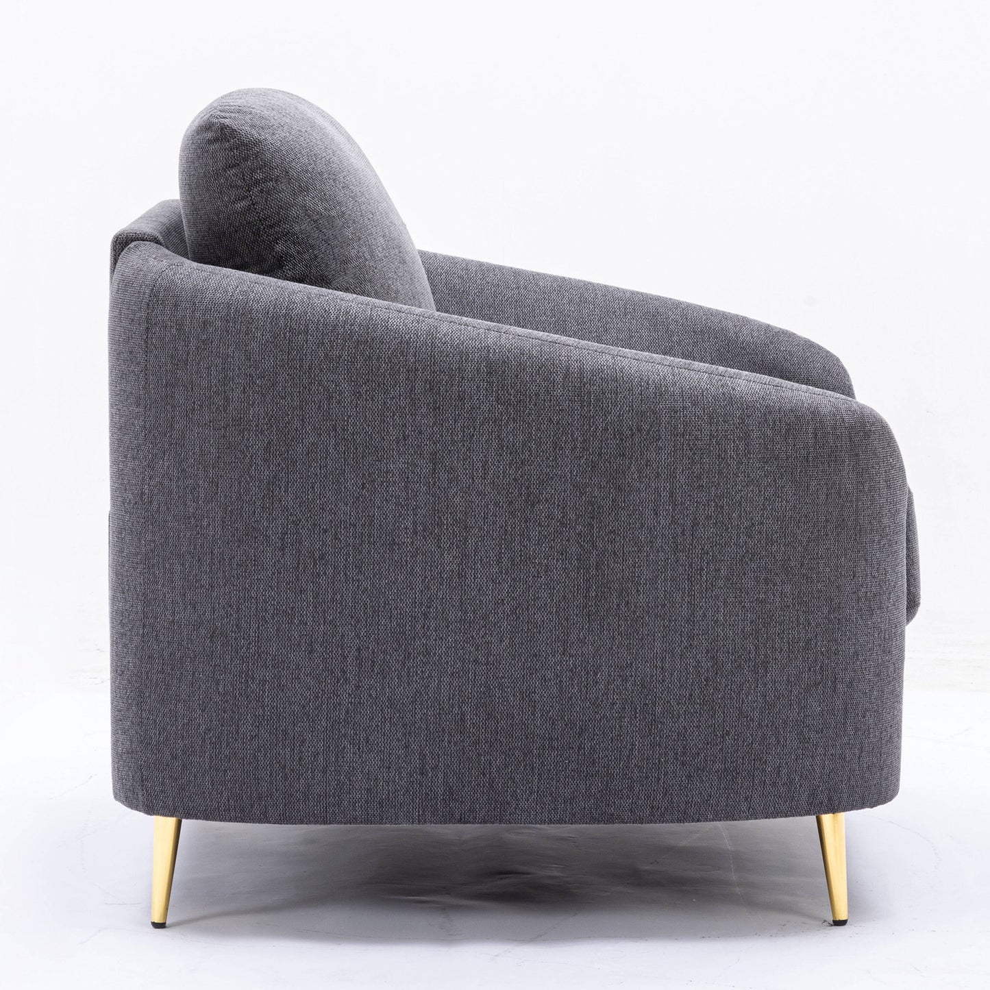 Modern dark gray fabric armchair with plush back cushion and gold metal legs