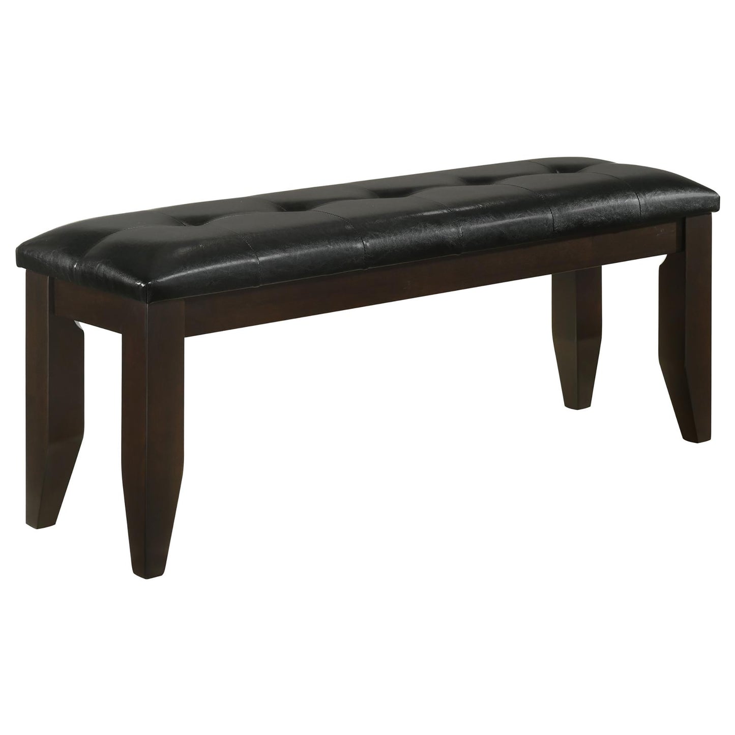 Tufted black faux leather bench with dark wood tapered legs
