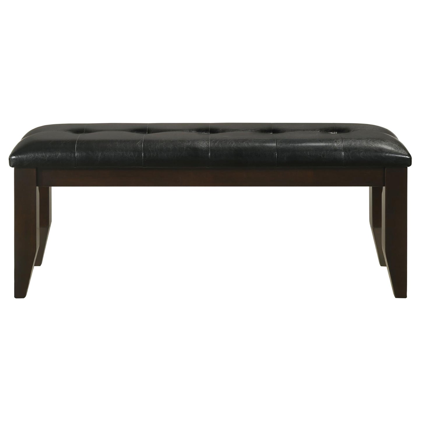 Tufted black faux leather bench with dark wood legs and a rectangular seat