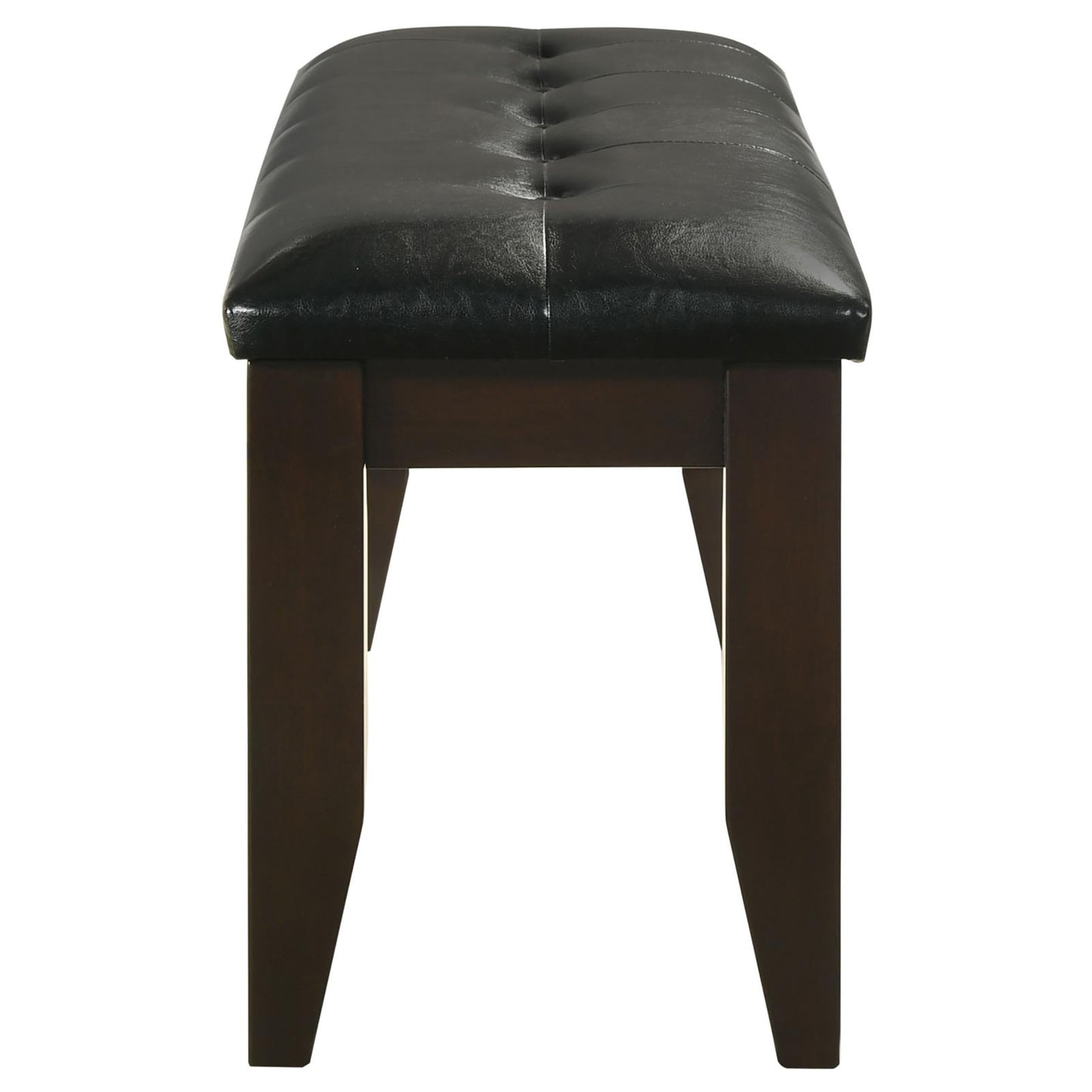 Tufted black faux leather bench with dark wood legs elegant for entryway seating