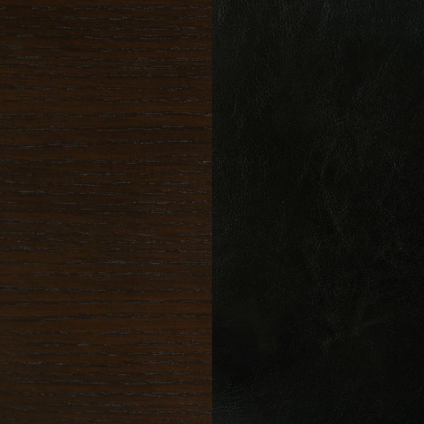 Dark stained oak wood grain next to a black leather texture
