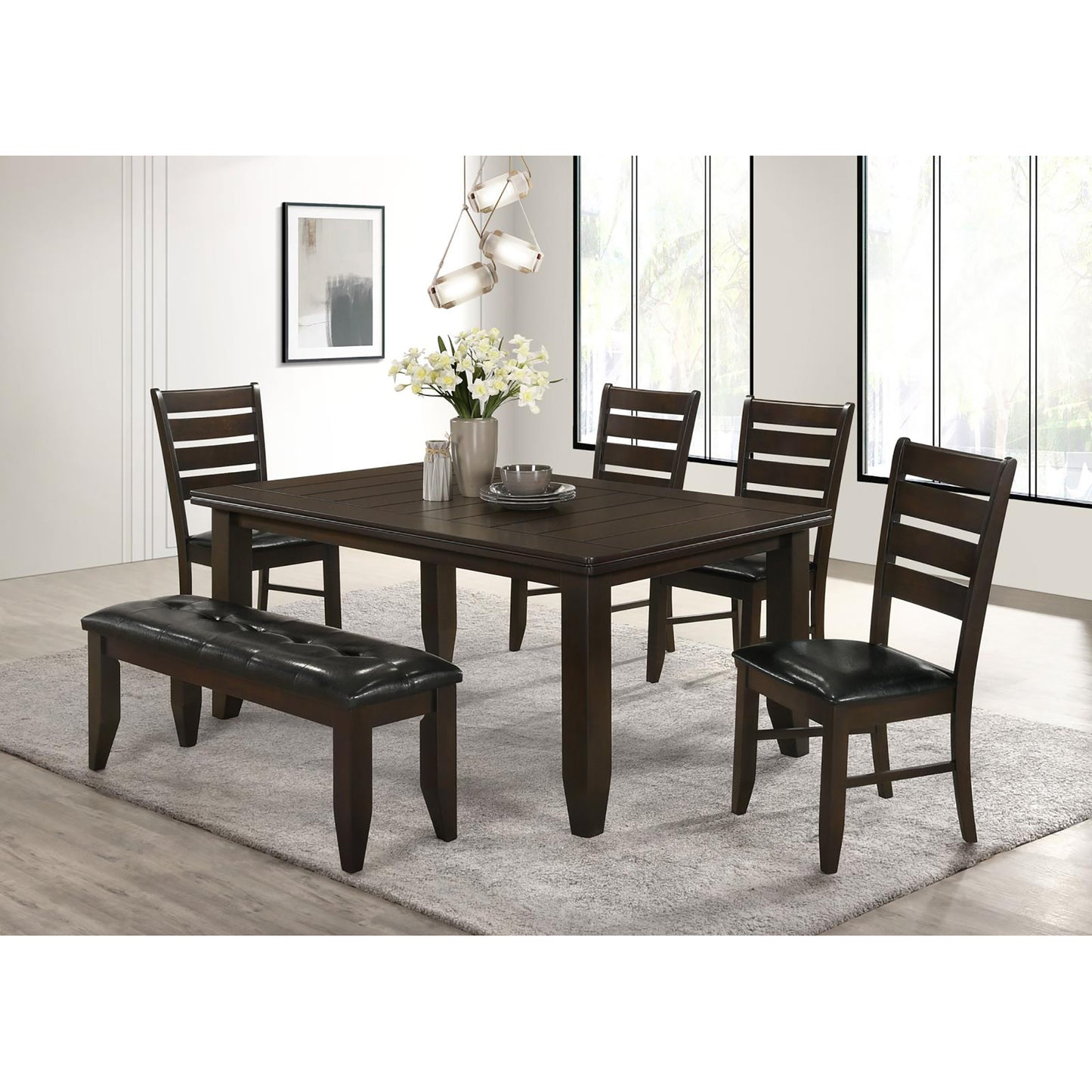 Dark wood dining table set with tufted faux leather bench and chairs