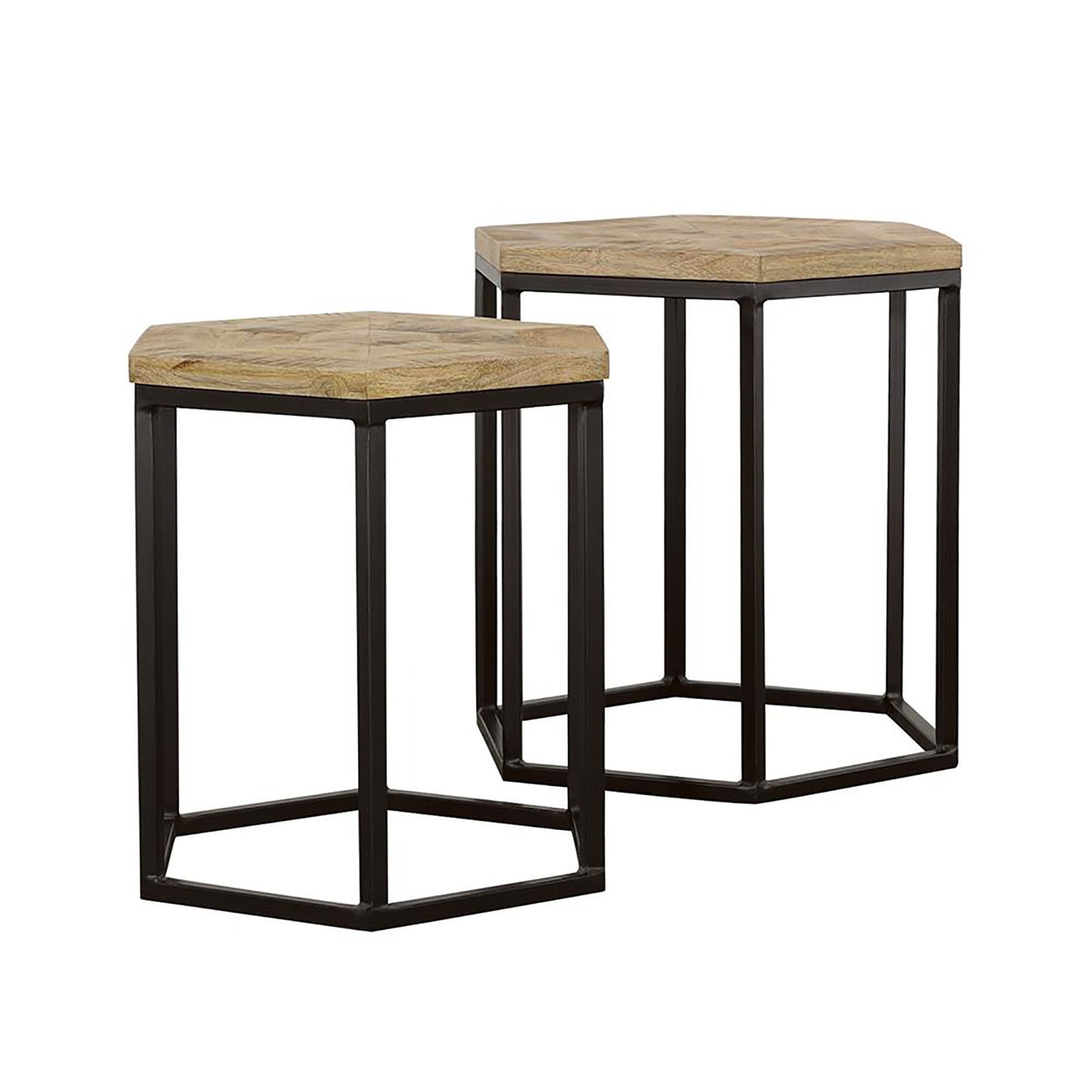 Hexagonal wood top side table with black metal frame perfect for modern living spaces