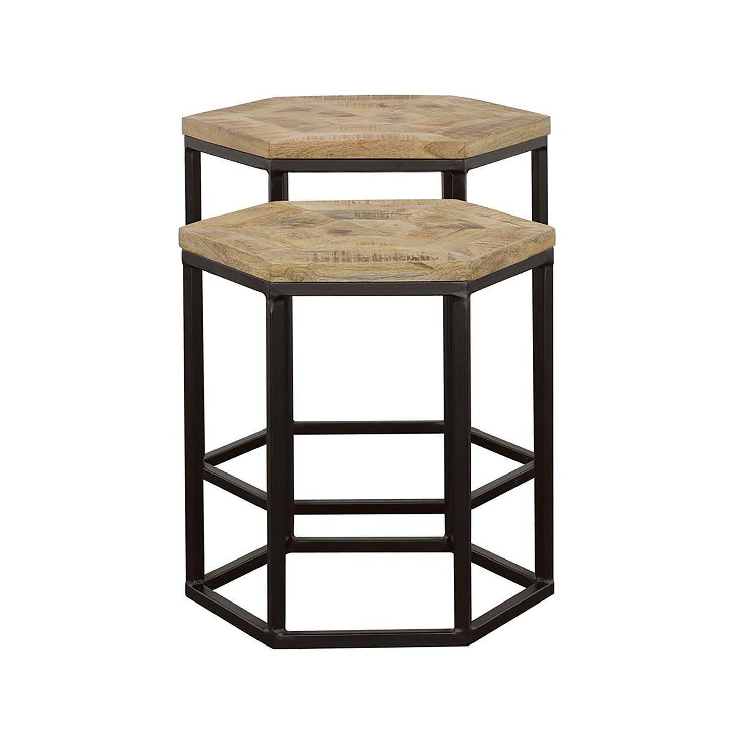 Hexagonal bar stool with rustic wood top and dark metal frame