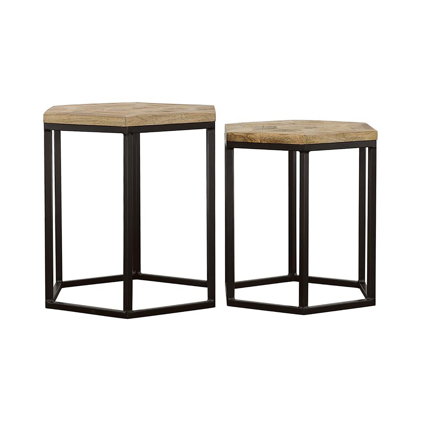 Set of two hexagonal wooden side tables with black metal frames