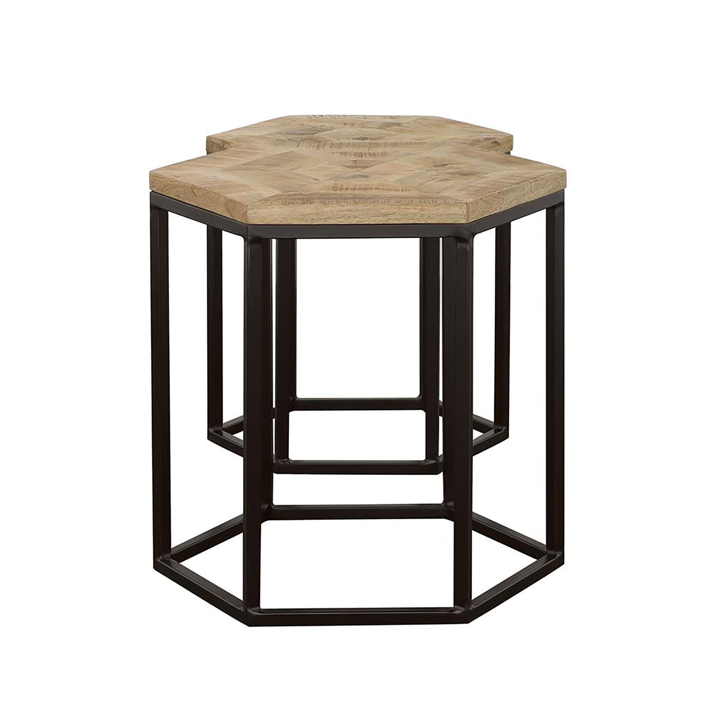 Hexagonal side table with reclaimed wood top and black metal base for living room decor