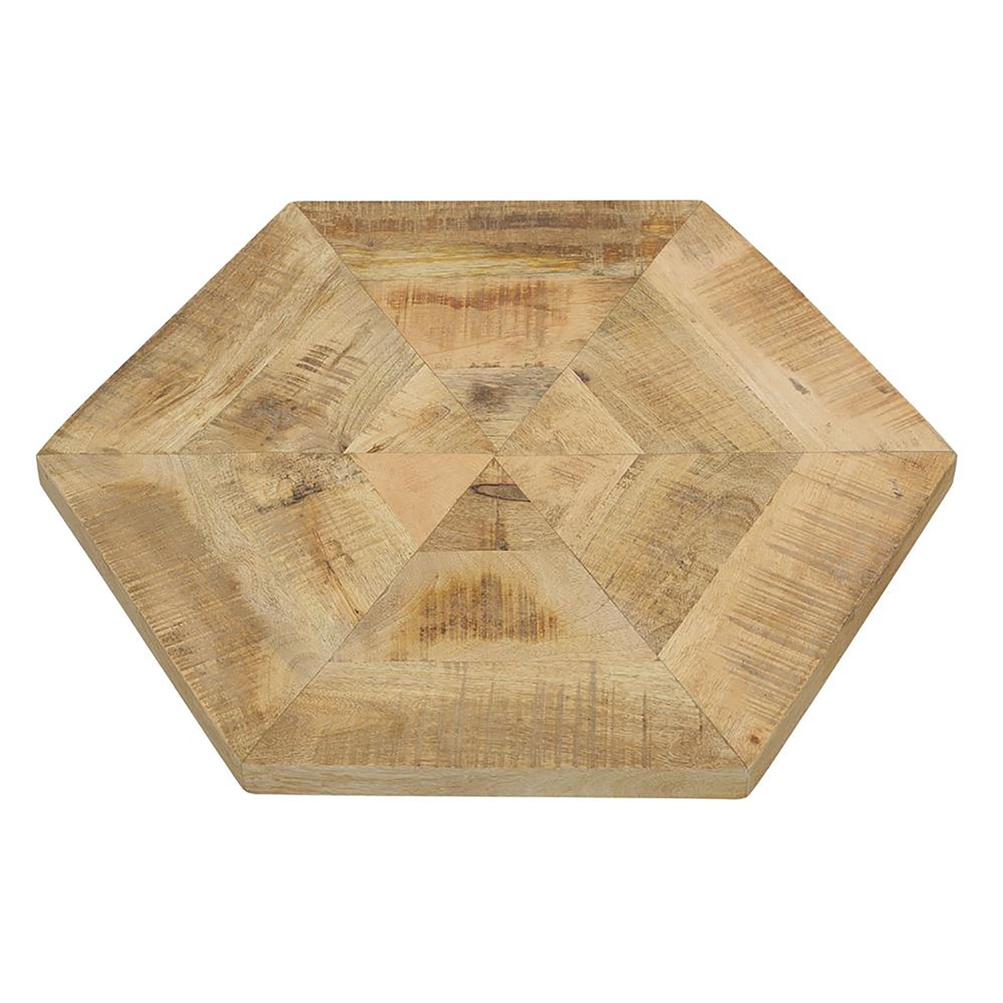 Hexagonal wooden tray with geometric plank pattern natural wood finish
