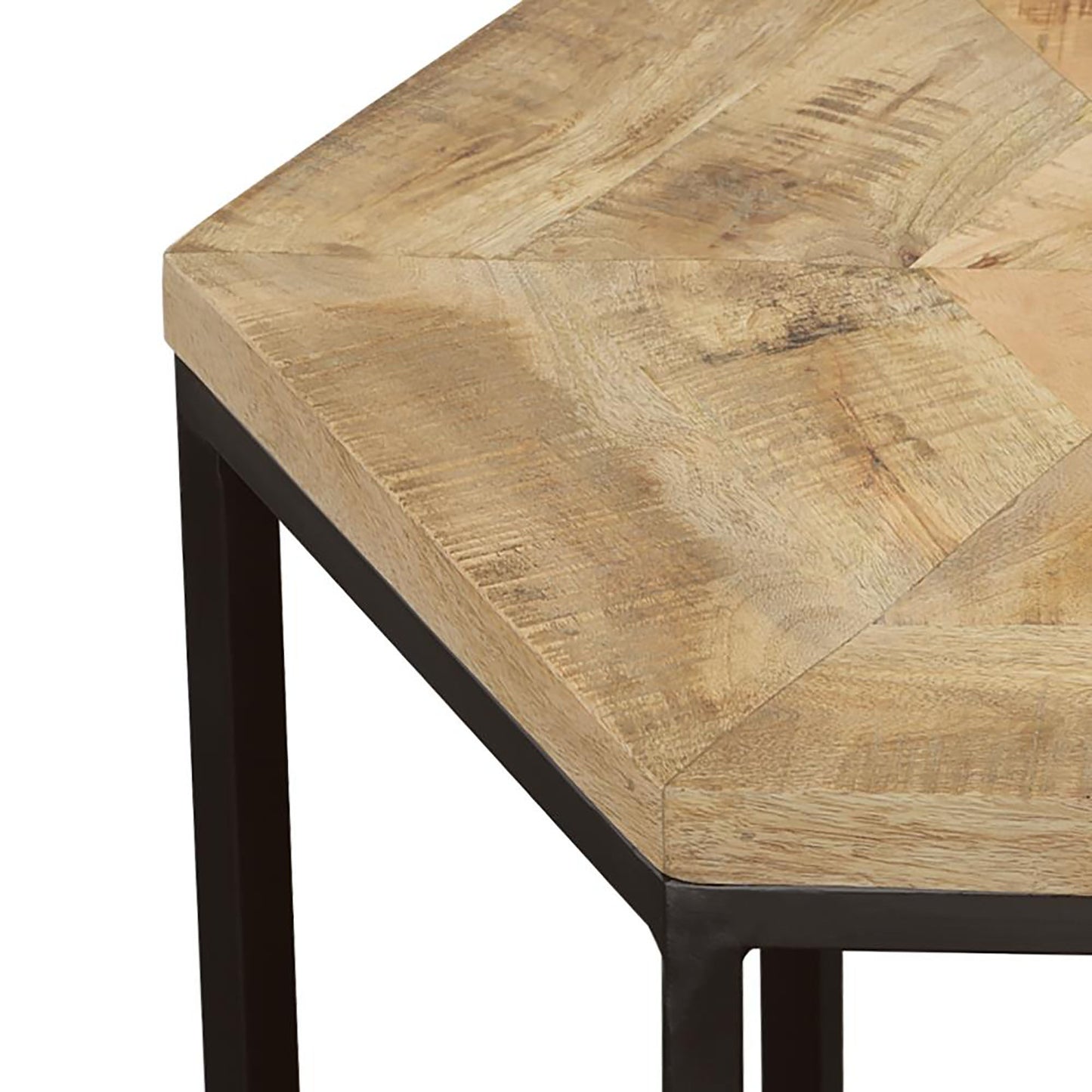 Closeup of rustic wood tabletop with natural grain framed by black metal legs