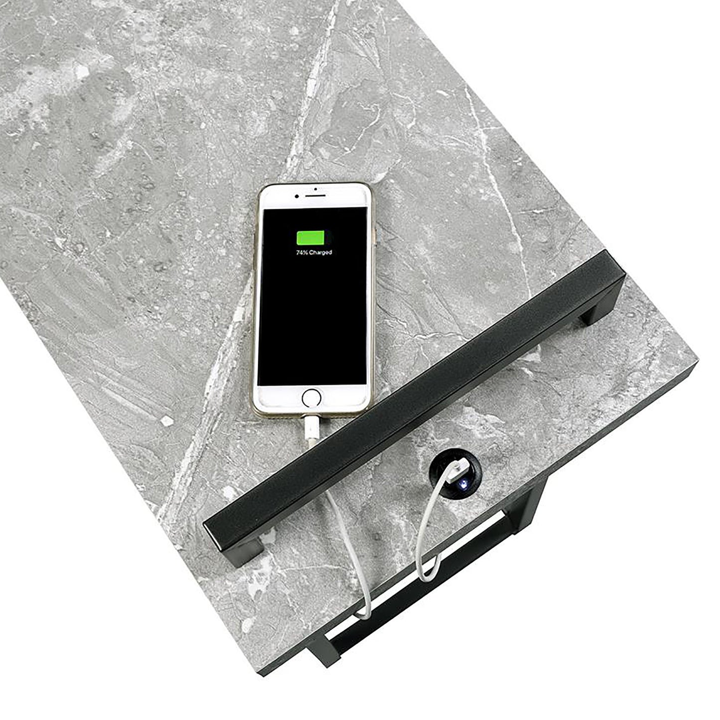 Modern marble top desk with integrated wireless phone charger and drawer pull