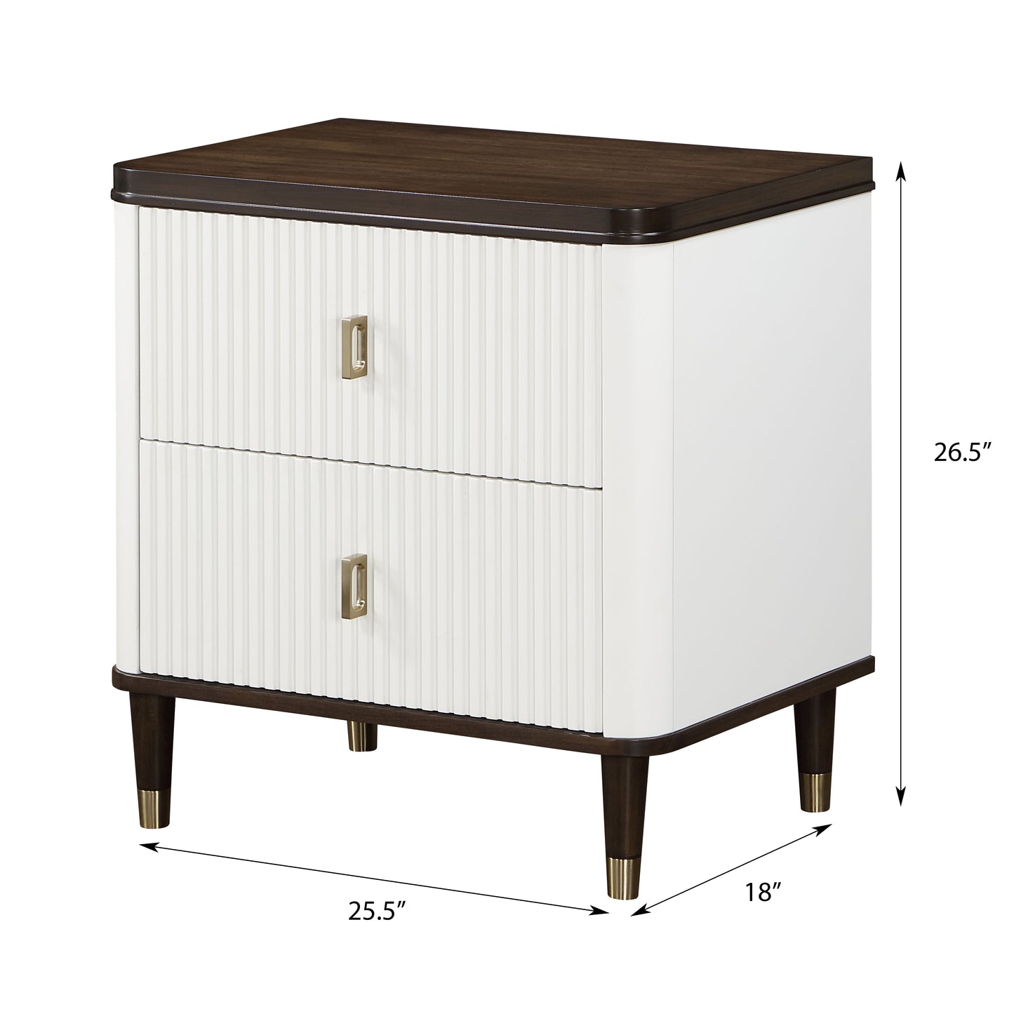 White fluted twodrawer nightstand with dark wood top and brass handles