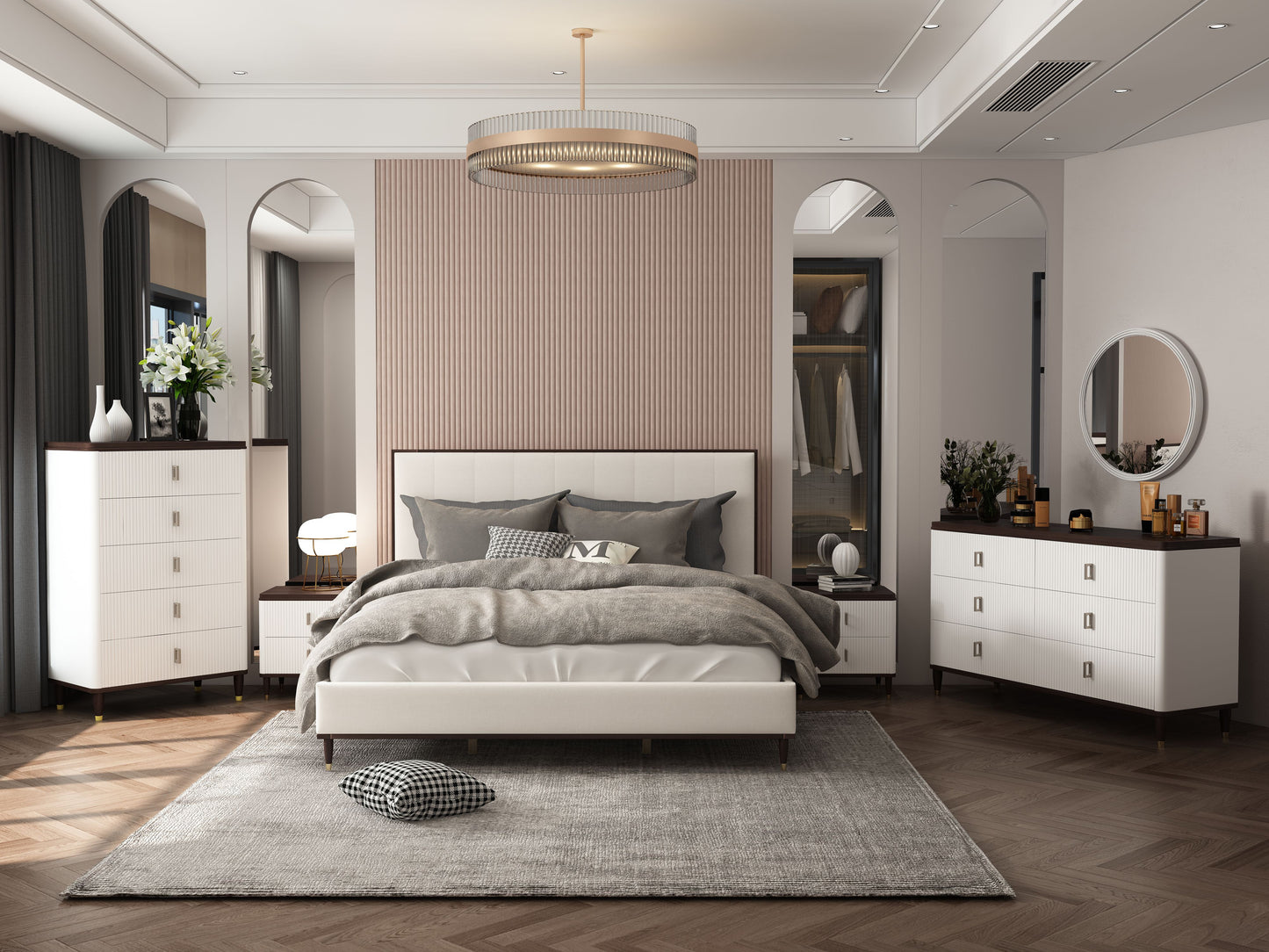 Modern white dresser with ribbed drawer fronts and brass handles for bedroom storage