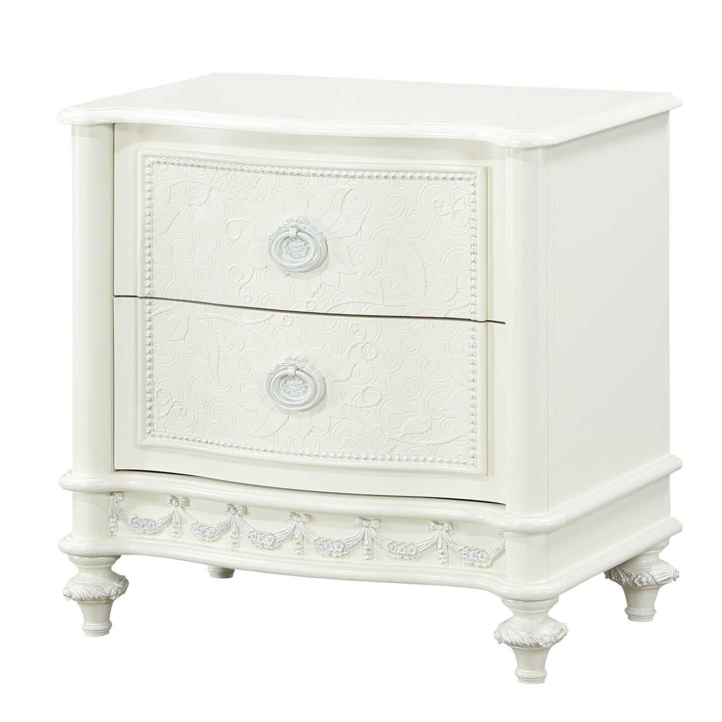 Cream ornate drawer nightstand with decorative carved detailing and ring pulls