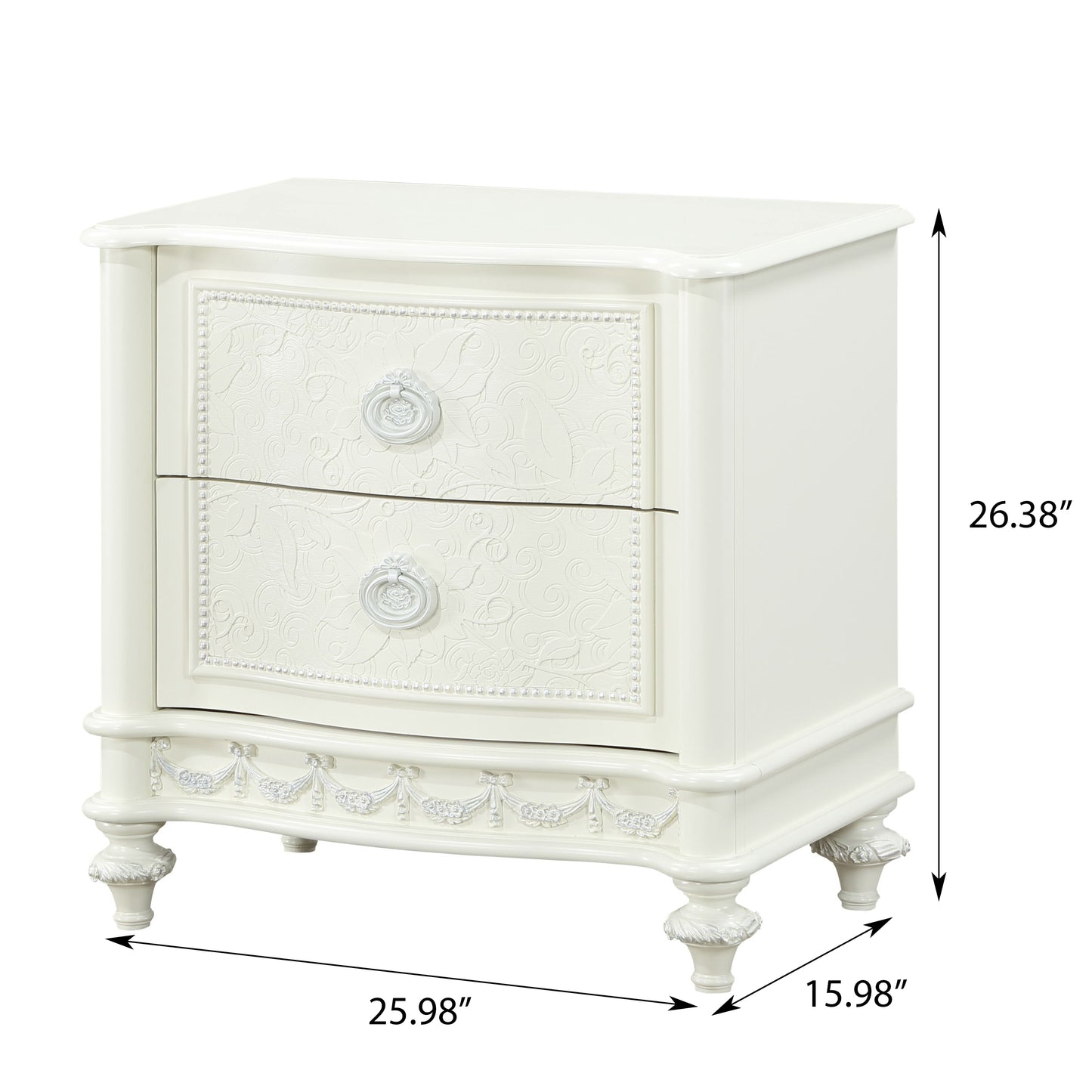 Elegant white nightstand with ornate floral carvings and two drawers for bedroom storage